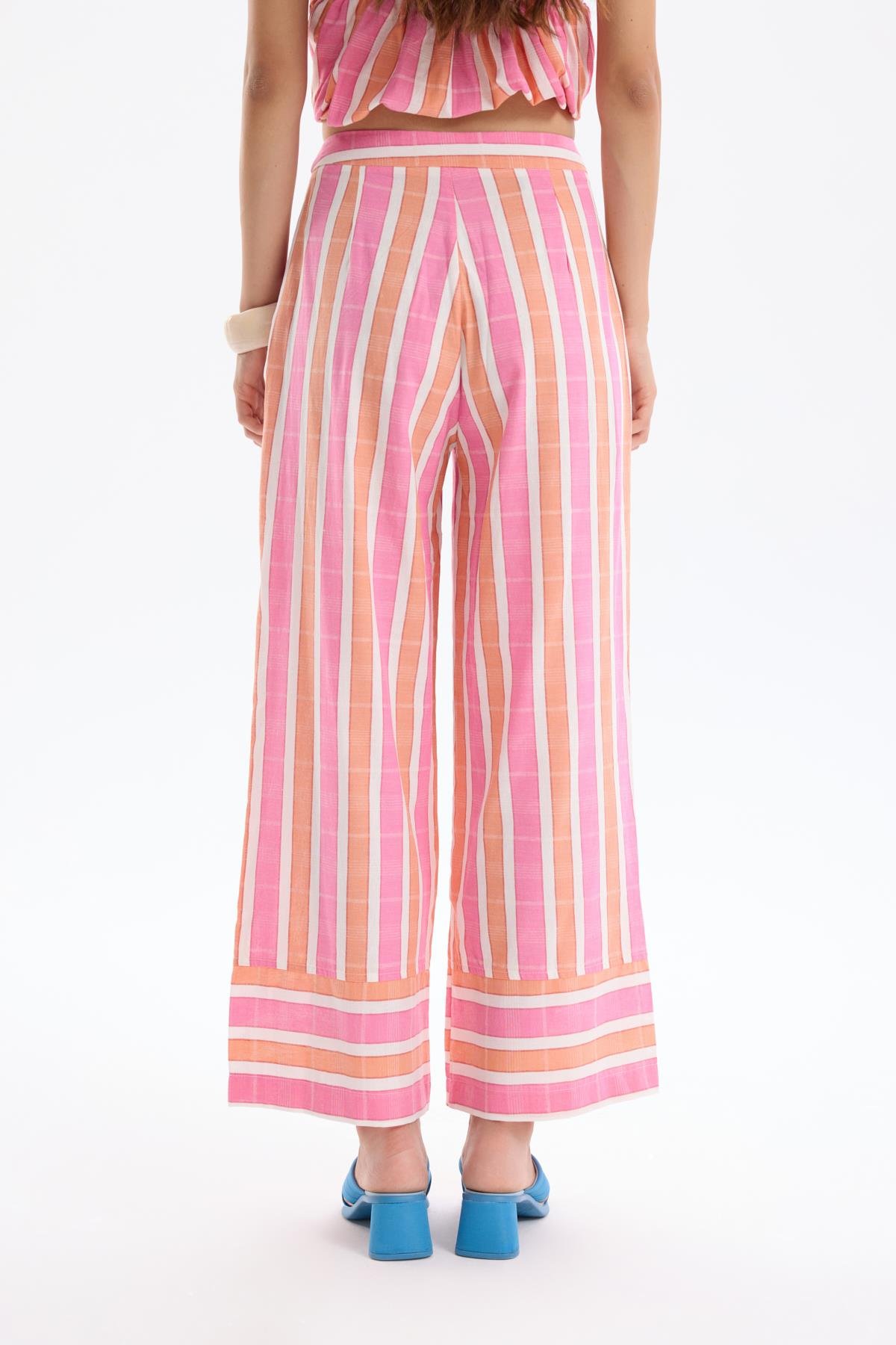 Quzu Bol Paça Çizgili Pantolon Pembe