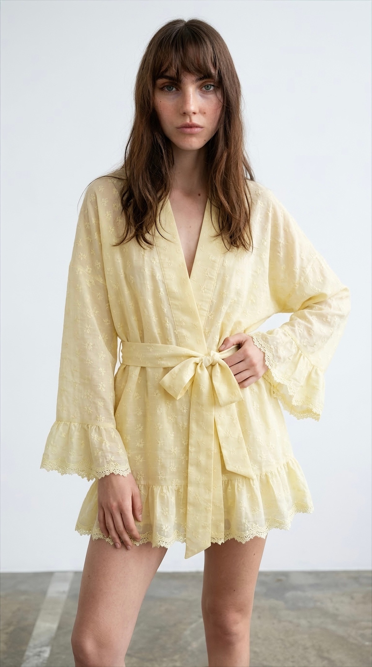 Quzu Brode Detaylı Kimono Sarı