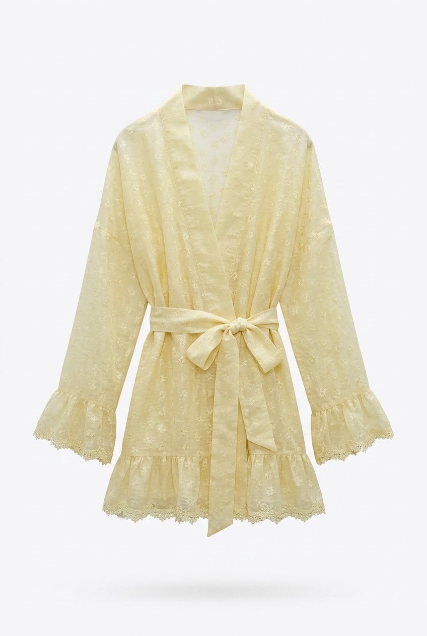Quzu Brode Detaylı Kimono Sarı