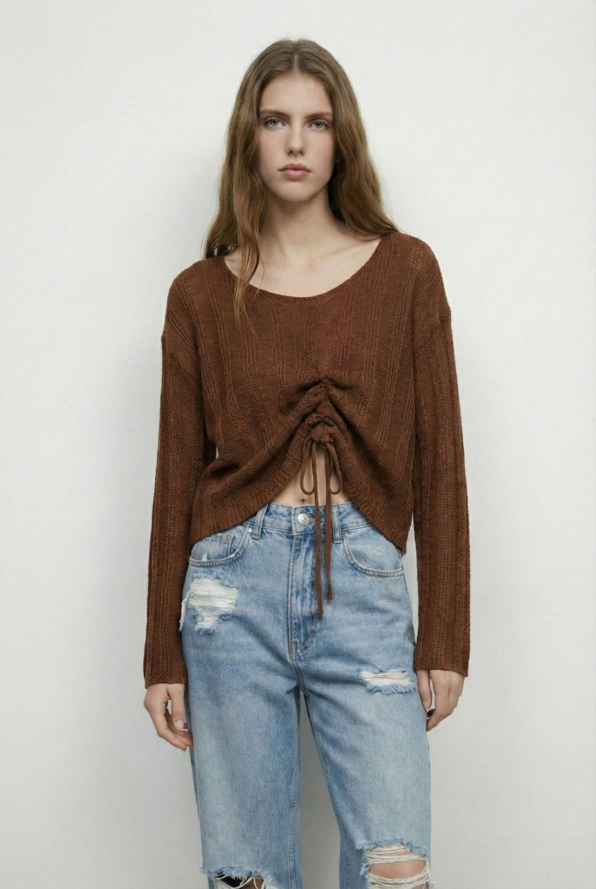 Quzu Büzgü Detaylı Triko Kahve