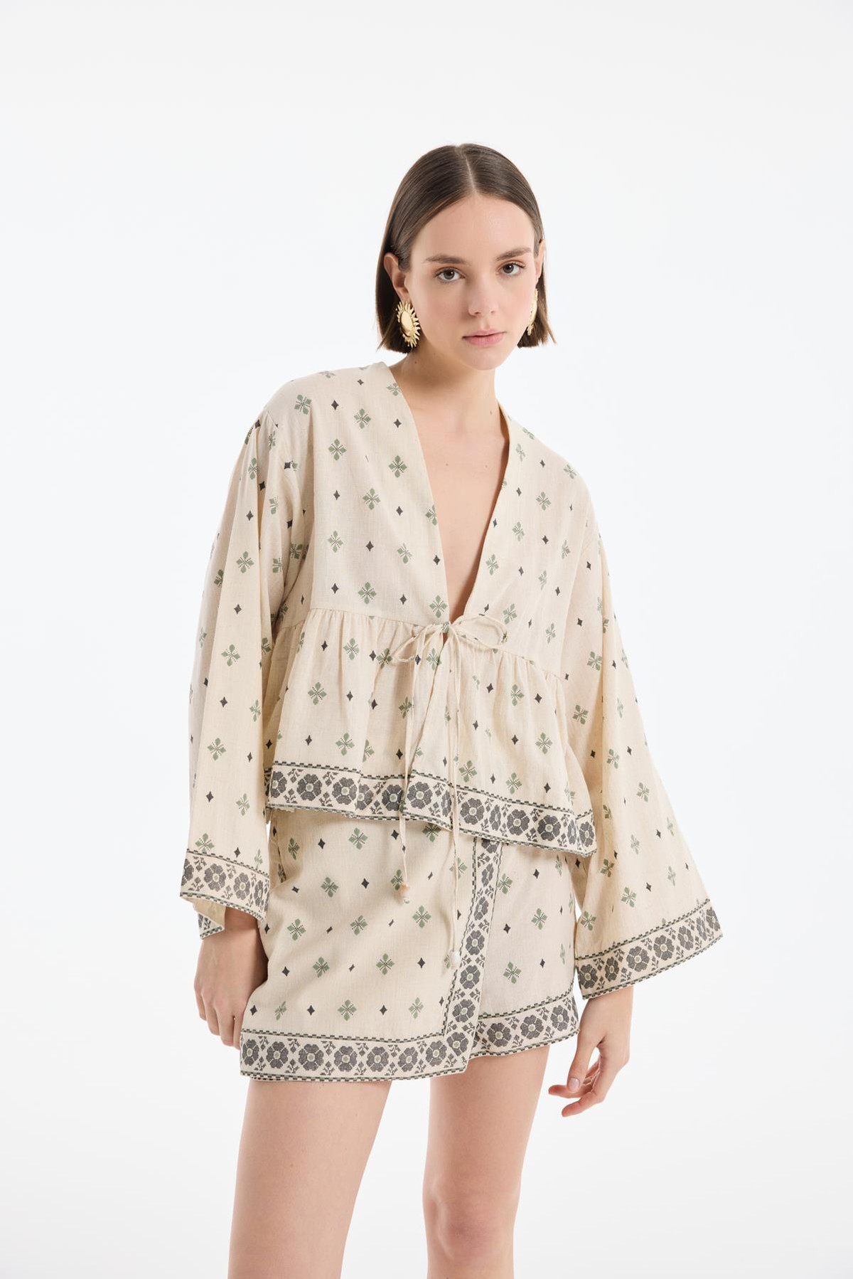 Quzu Büzgülü Desenli Kimono Natur