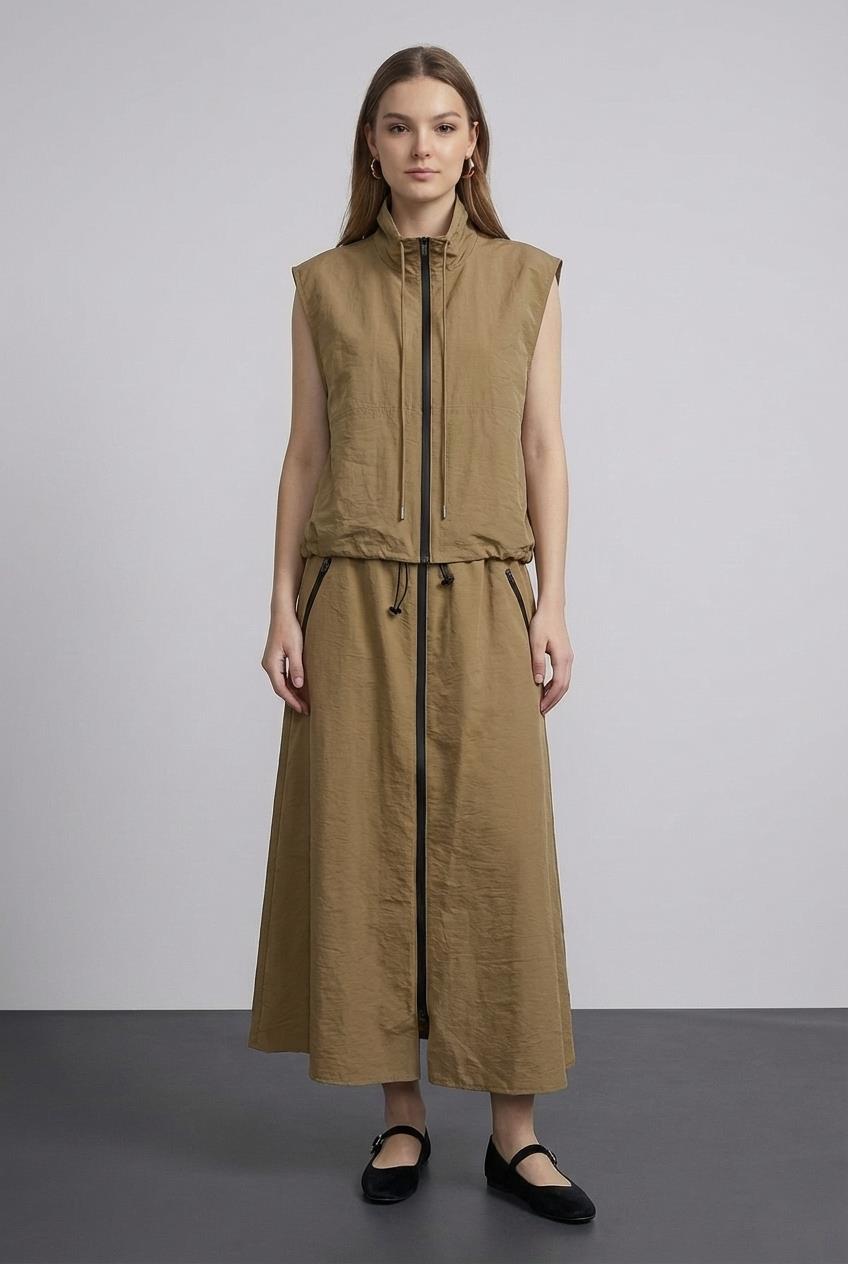 Quzu Cepli Fermuar Detaylı Etek Açık Haki