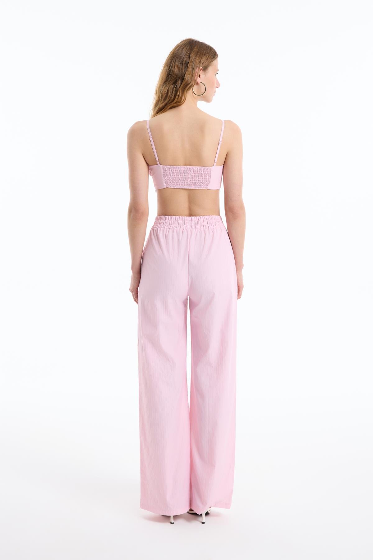 Quzu Çizgili Crop Bluz Pembe