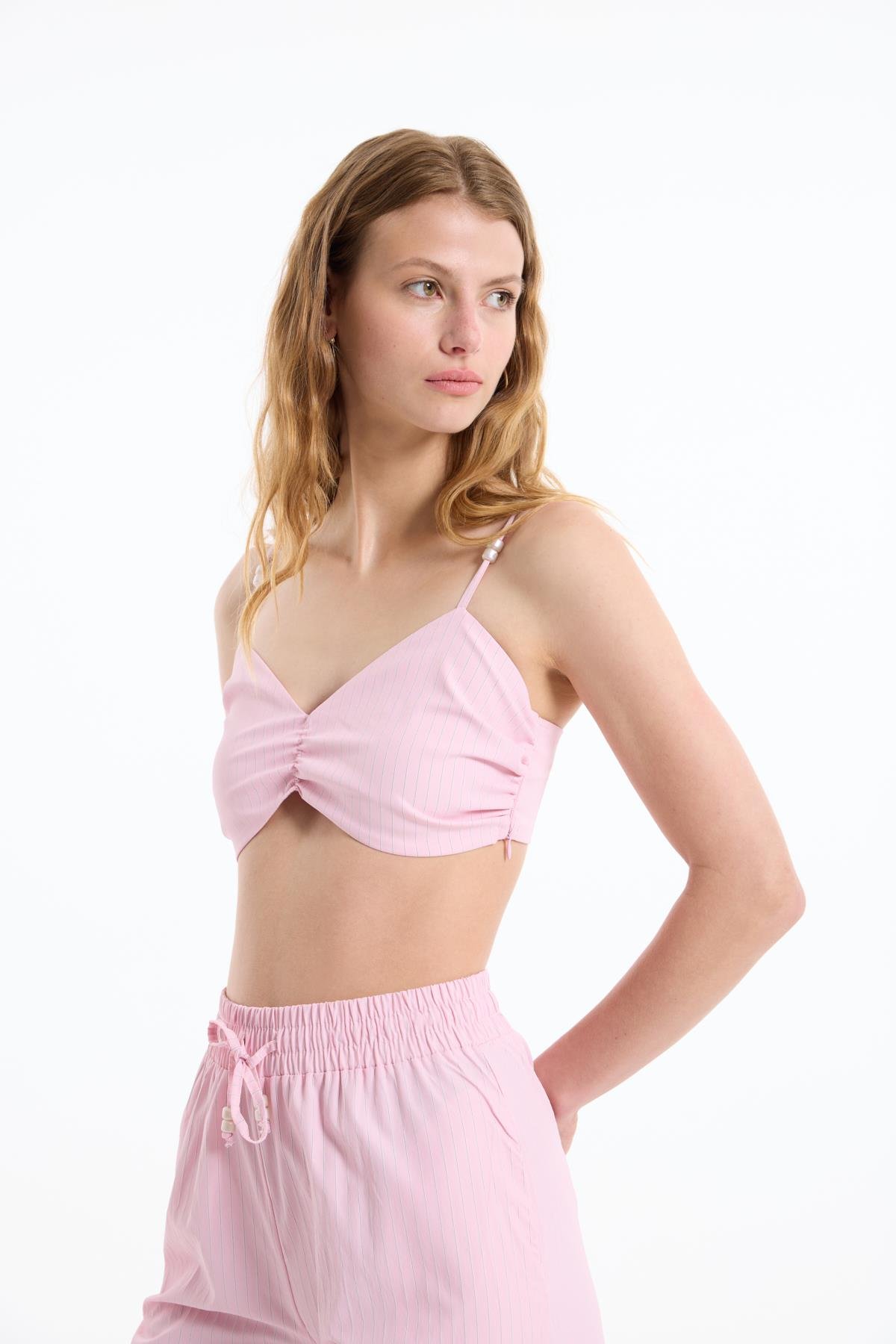 Quzu Çizgili Crop Bluz Pembe