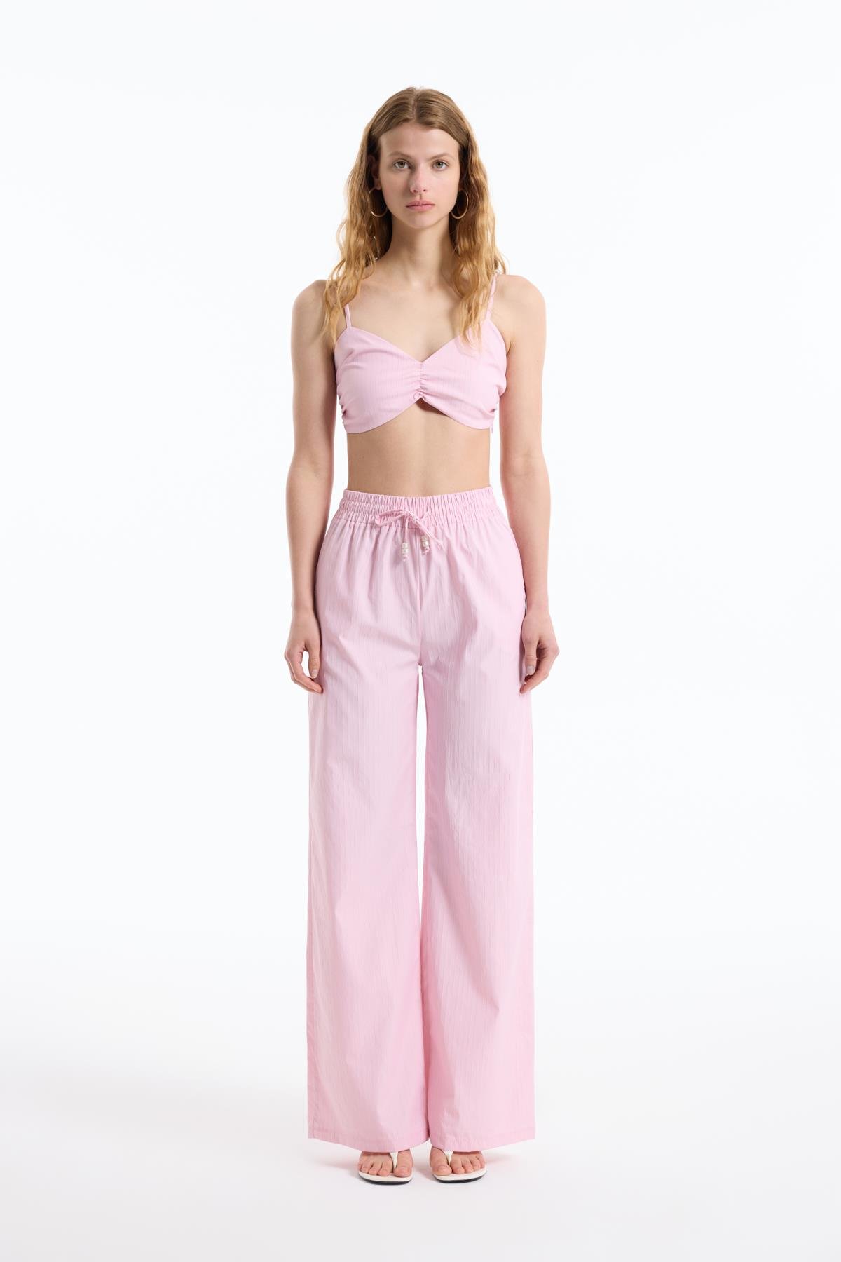 Quzu Çizgili Crop Bluz Pembe