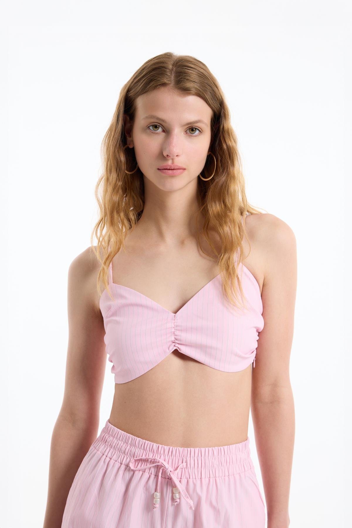 Quzu Çizgili Crop Bluz Pembe