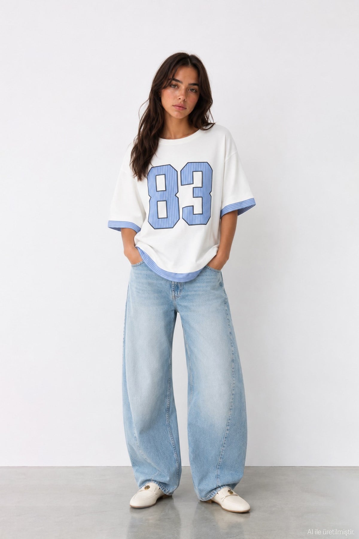 Quzu Çizgili Kumaş Detaylı T-shirt Ekru