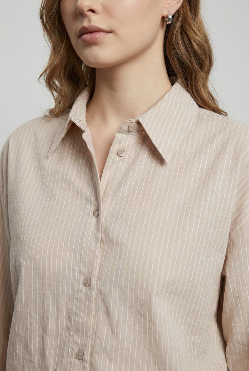 Quzu Çizgili Transparan Gömlek Bej