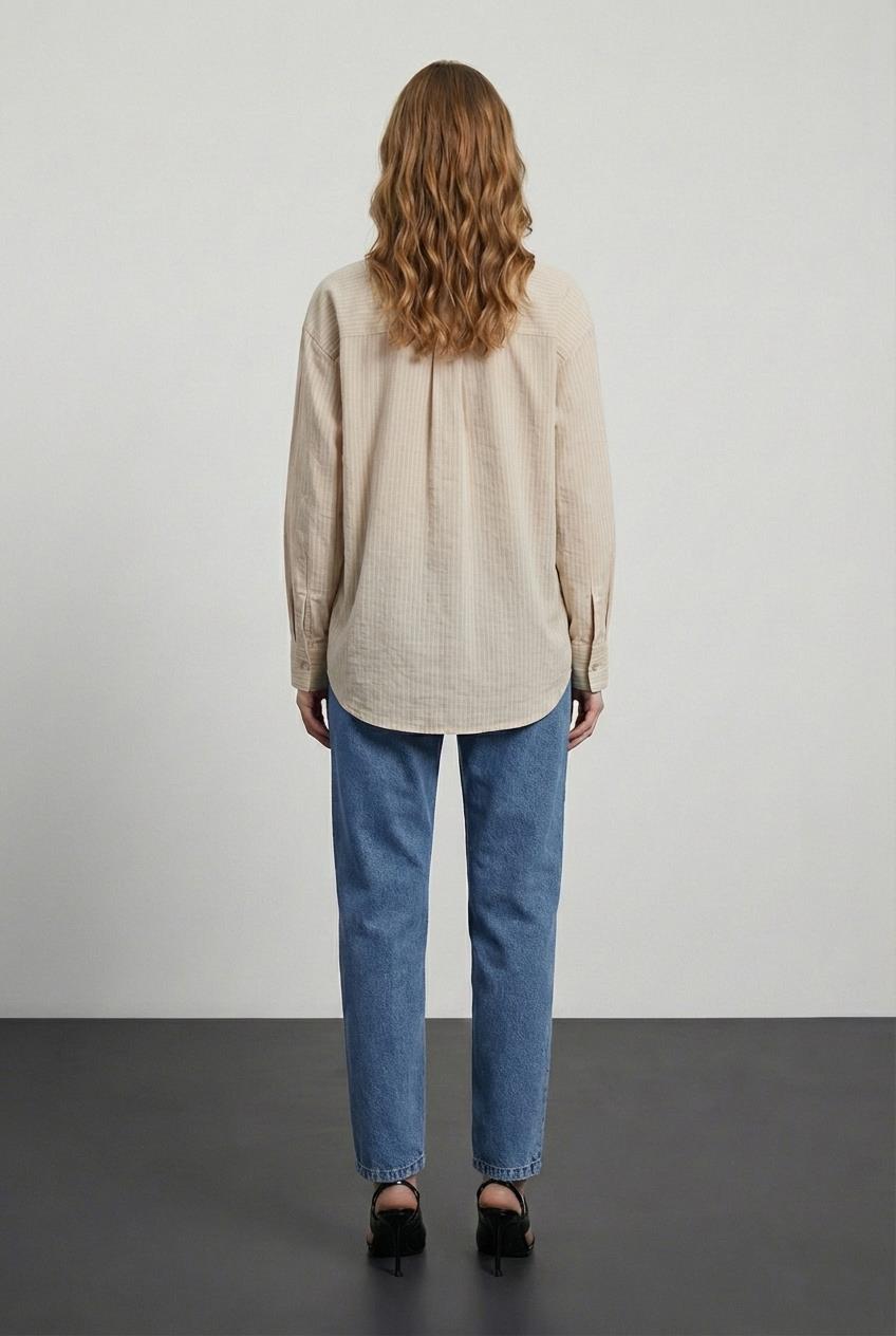 Quzu Çizgili Transparan Gömlek Bej