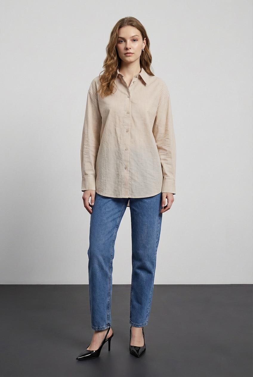 Quzu Çizgili Transparan Gömlek Bej