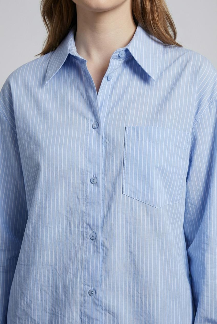 Quzu Çizgili Transparan Gömlek Mavi