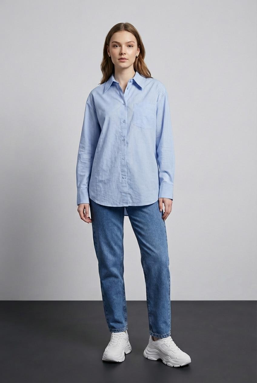 Quzu Çizgili Transparan Gömlek Mavi
