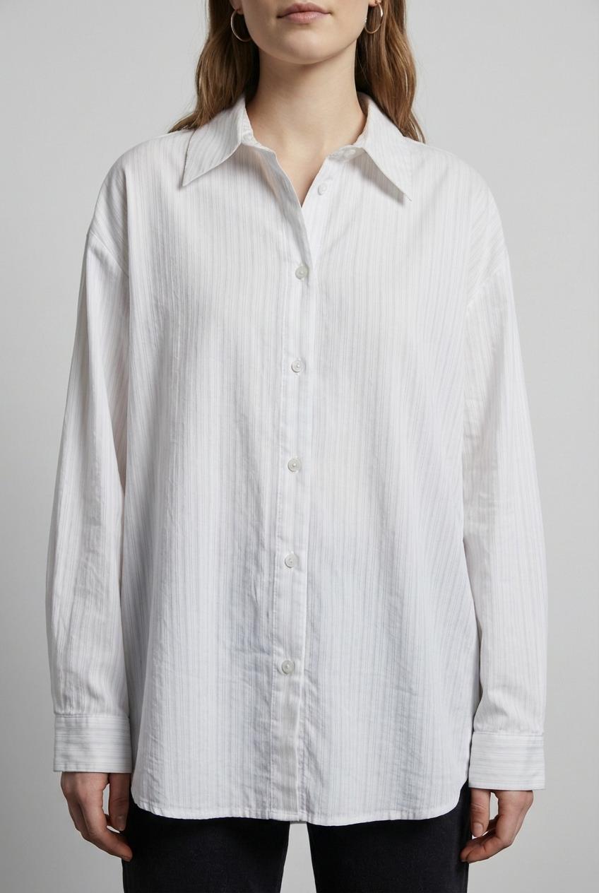 Quzu Çizgili Uzun Kollu Gömlek Ekru