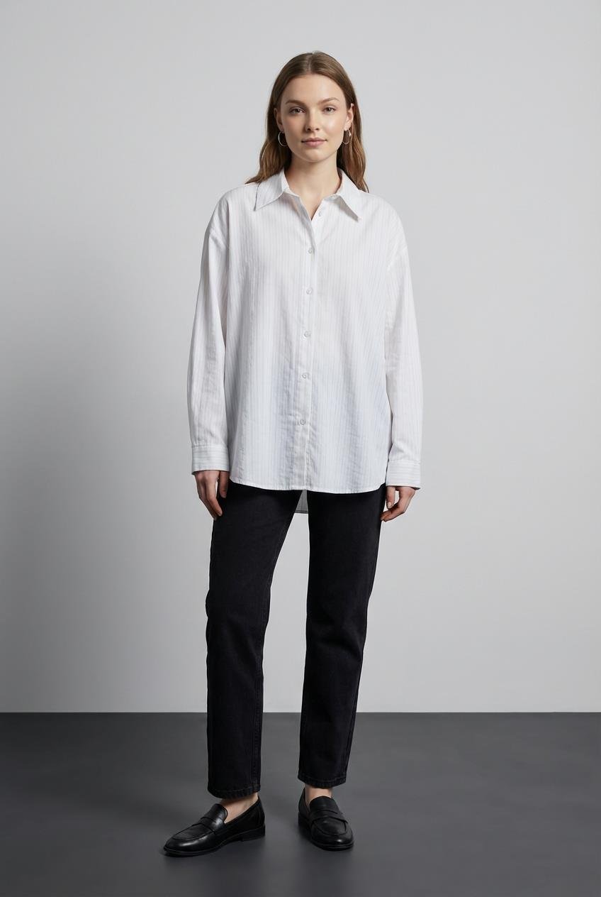Quzu Çizgili Uzun Kollu Gömlek Ekru