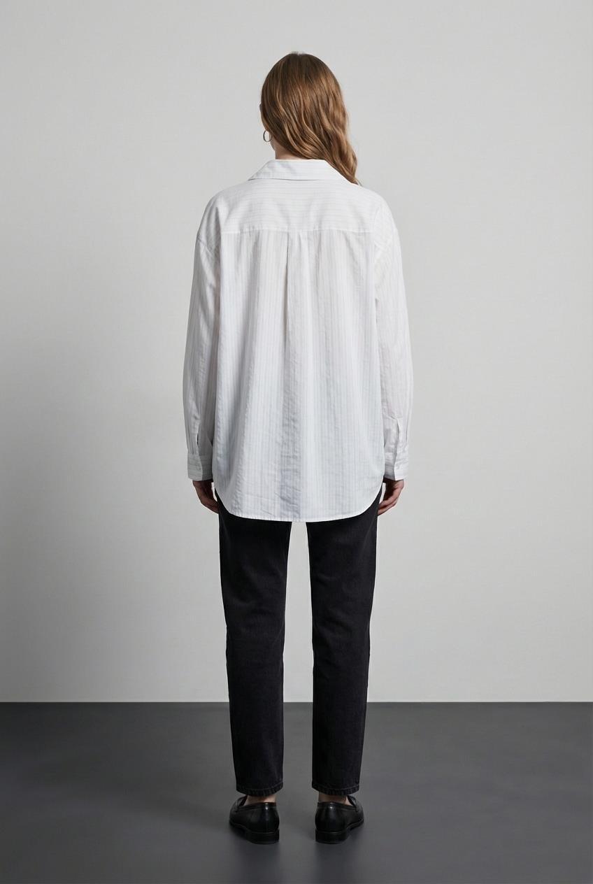 Quzu Çizgili Uzun Kollu Gömlek Ekru