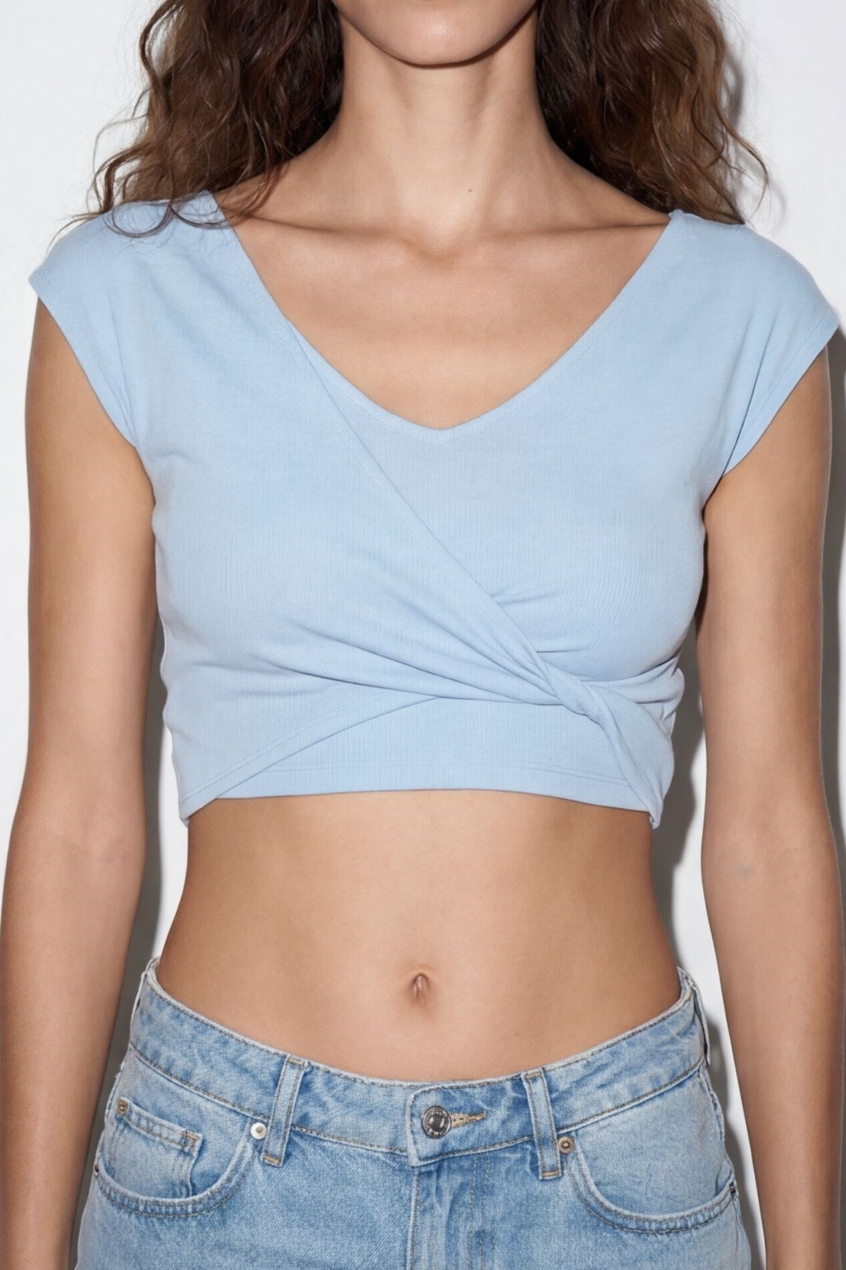 Quzu Crop Detaylı Bluz Mavi