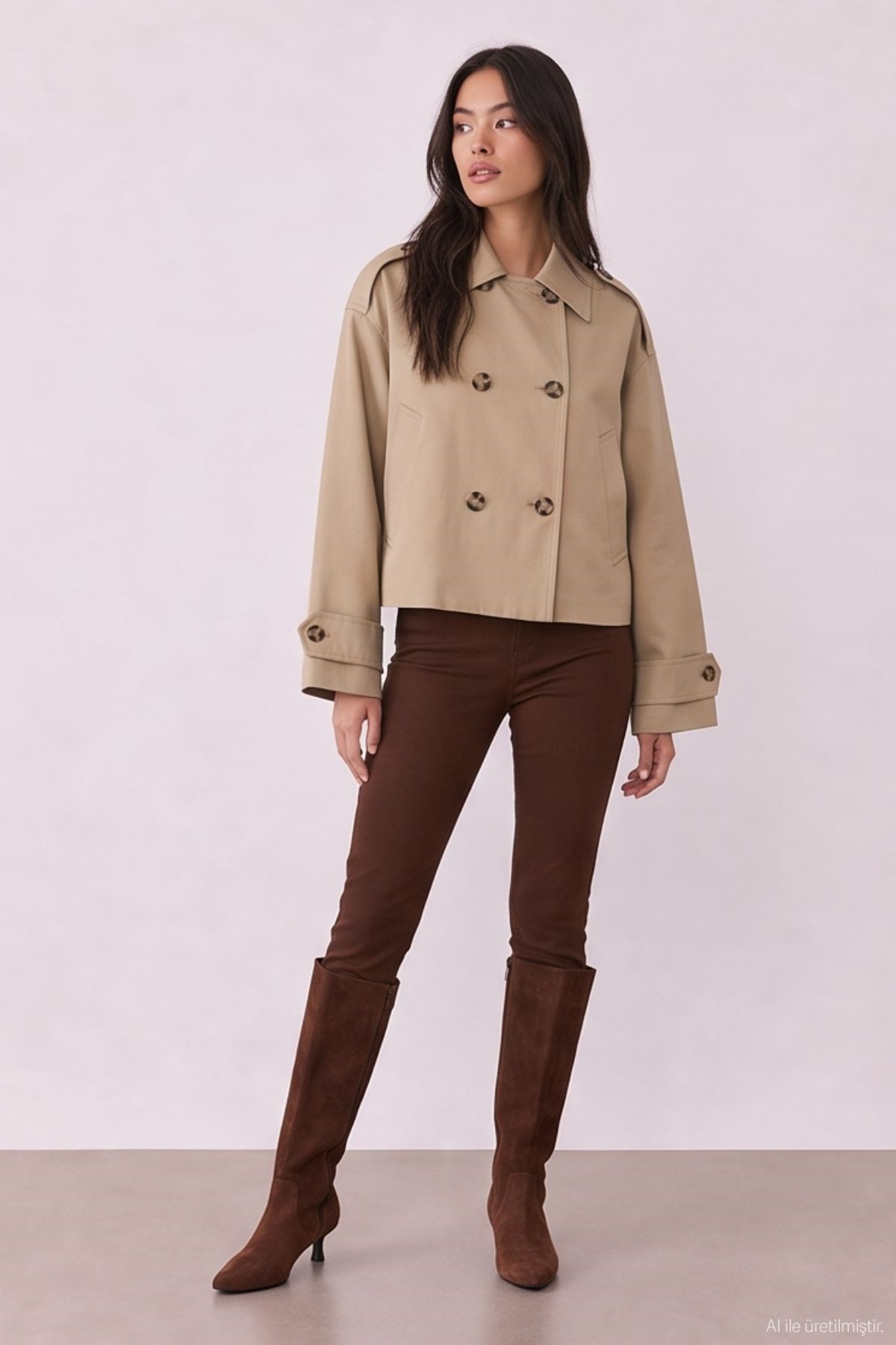 Quzu Crop Detaylı Trençkot Bej