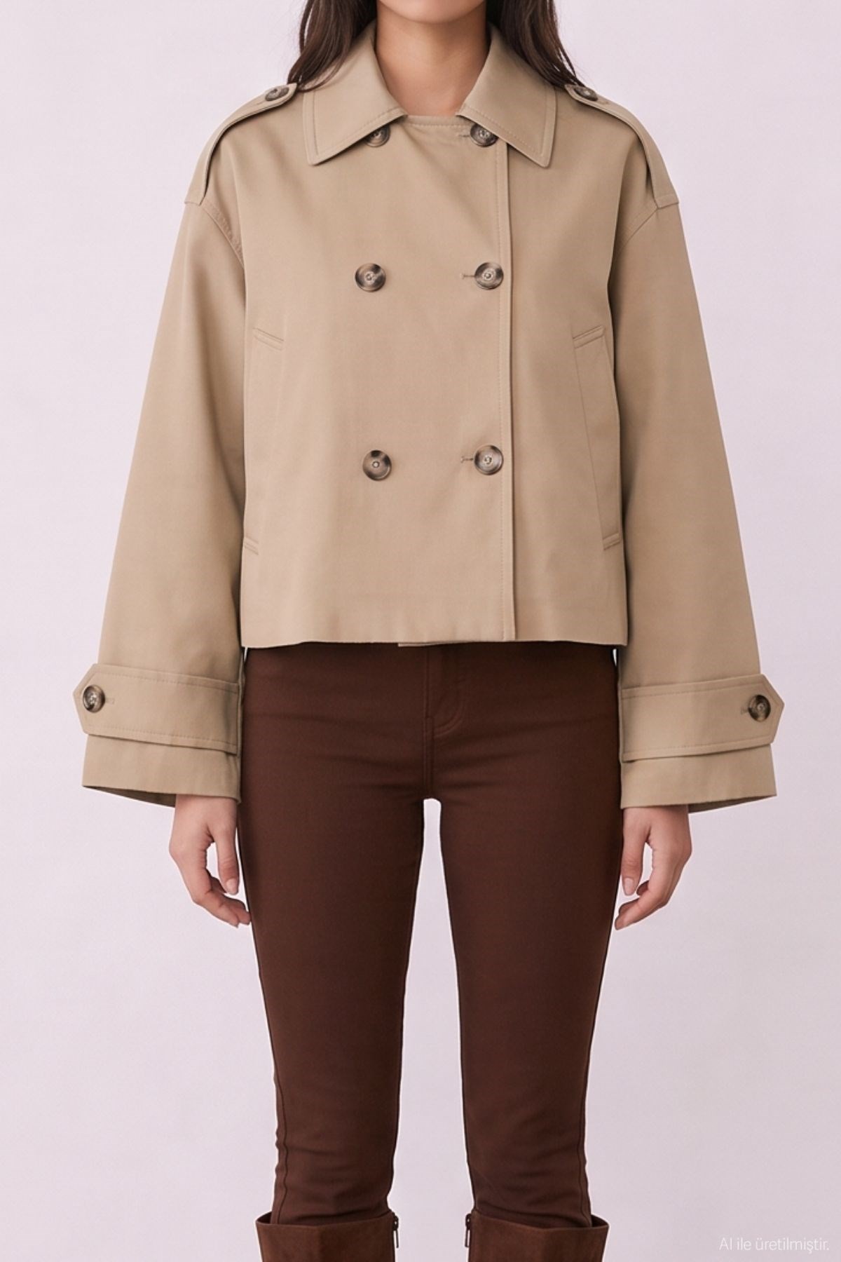 Quzu Crop Detaylı Trençkot Bej