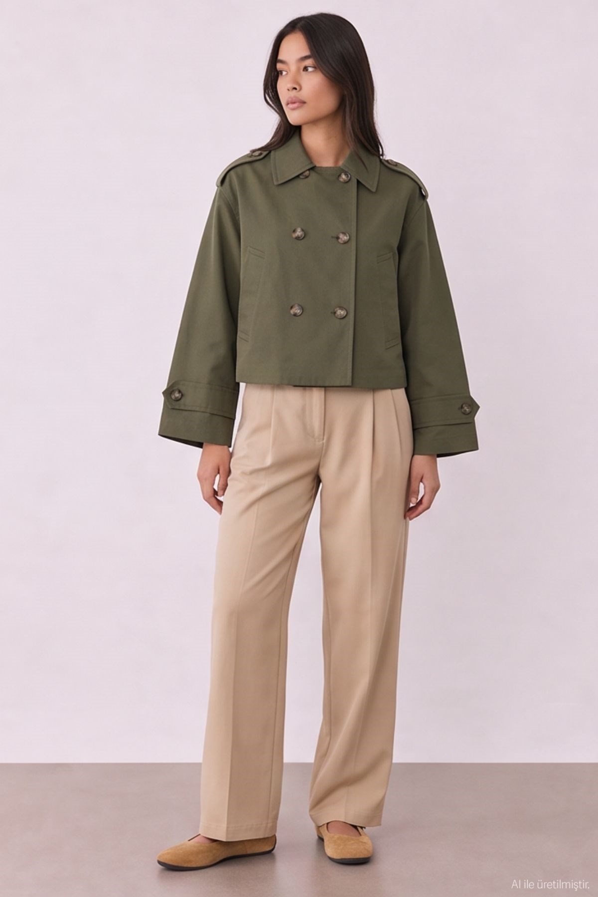 Quzu Crop Detaylı Trençkot Haki