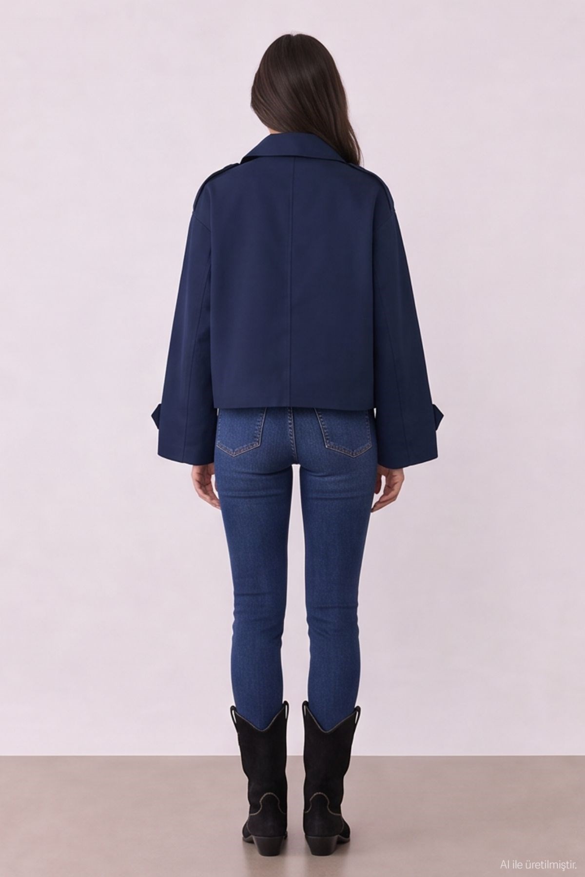 Quzu Crop Detaylı Trençkot Lacivert