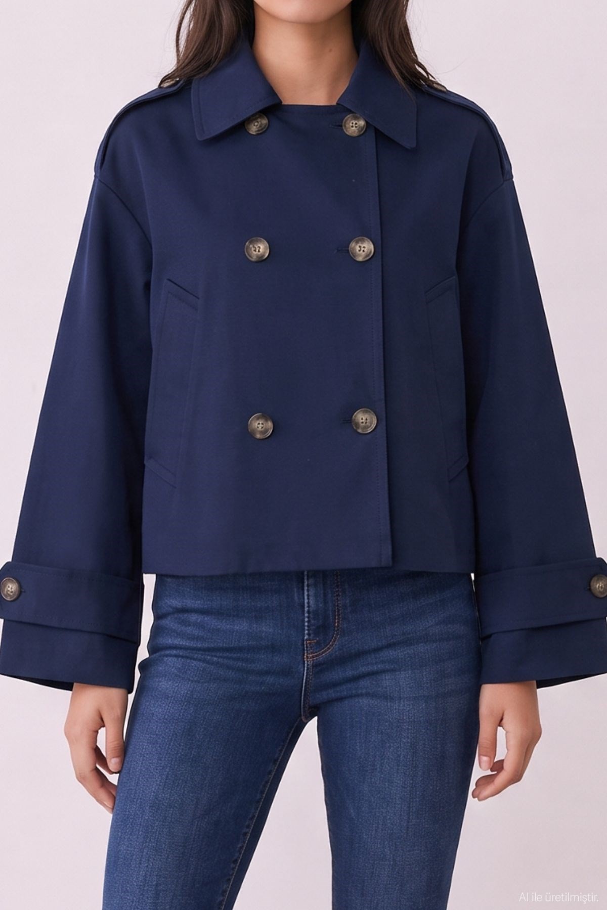 Quzu Crop Detaylı Trençkot Lacivert