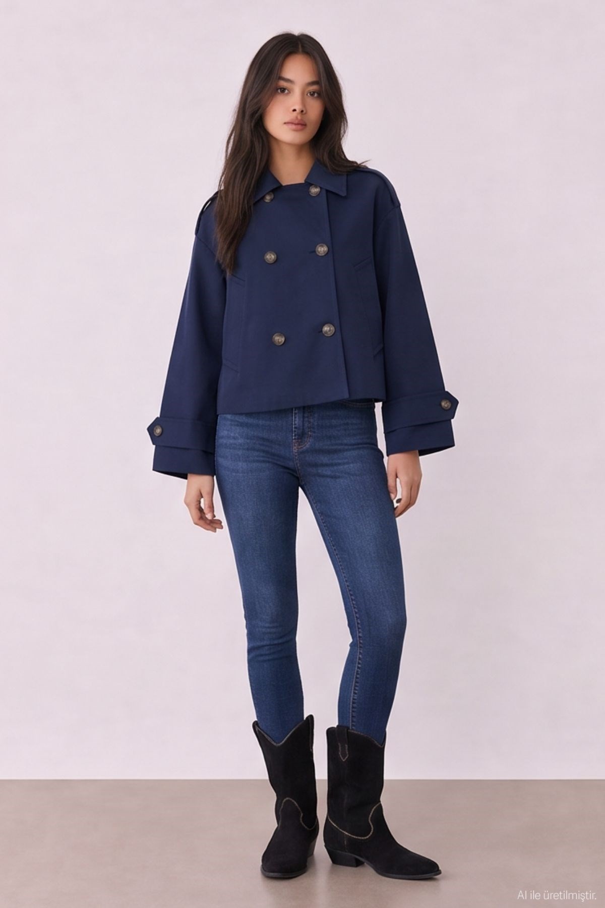 Quzu Crop Detaylı Trençkot Lacivert