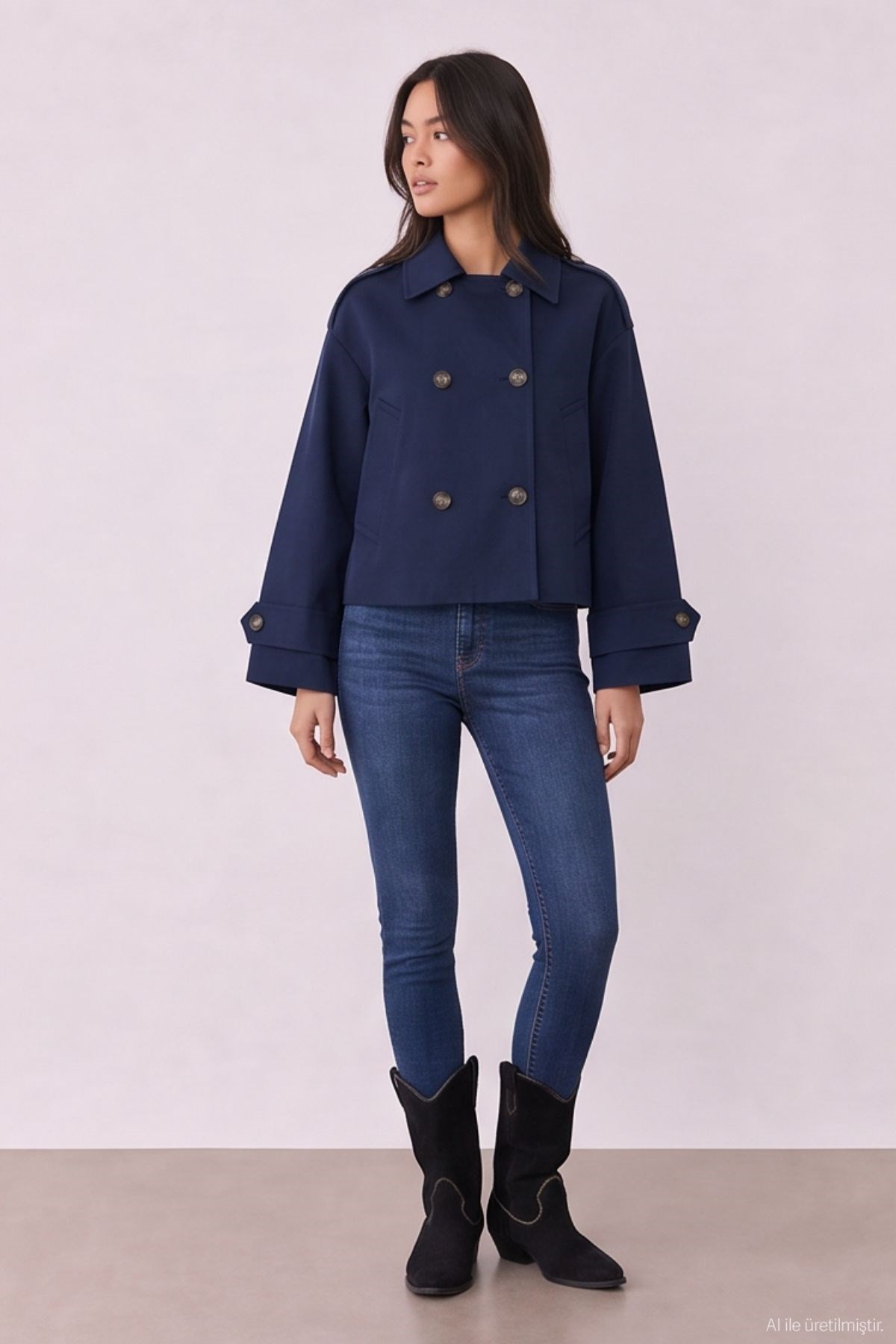 Quzu Crop Detaylı Trençkot Lacivert