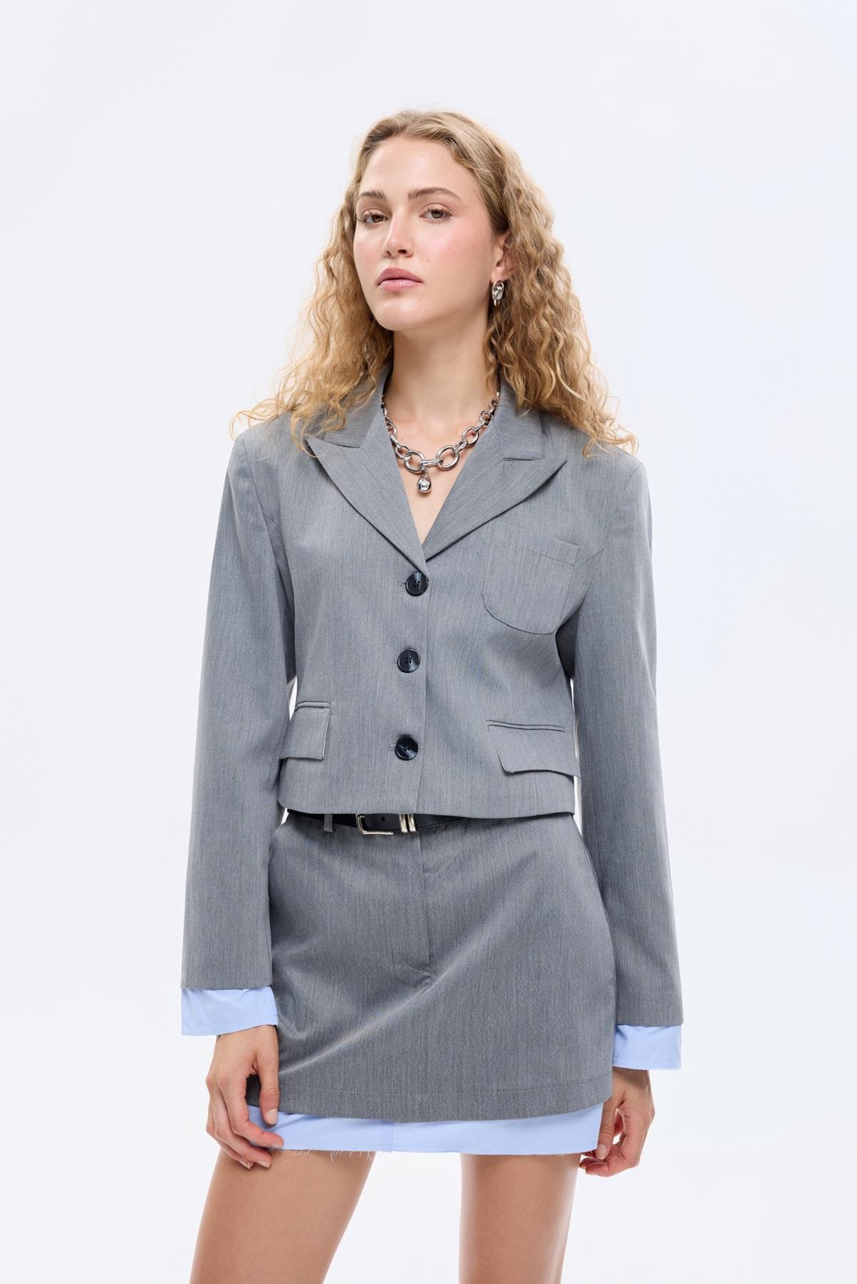 Quzu Crop Matchli Ceket Gri