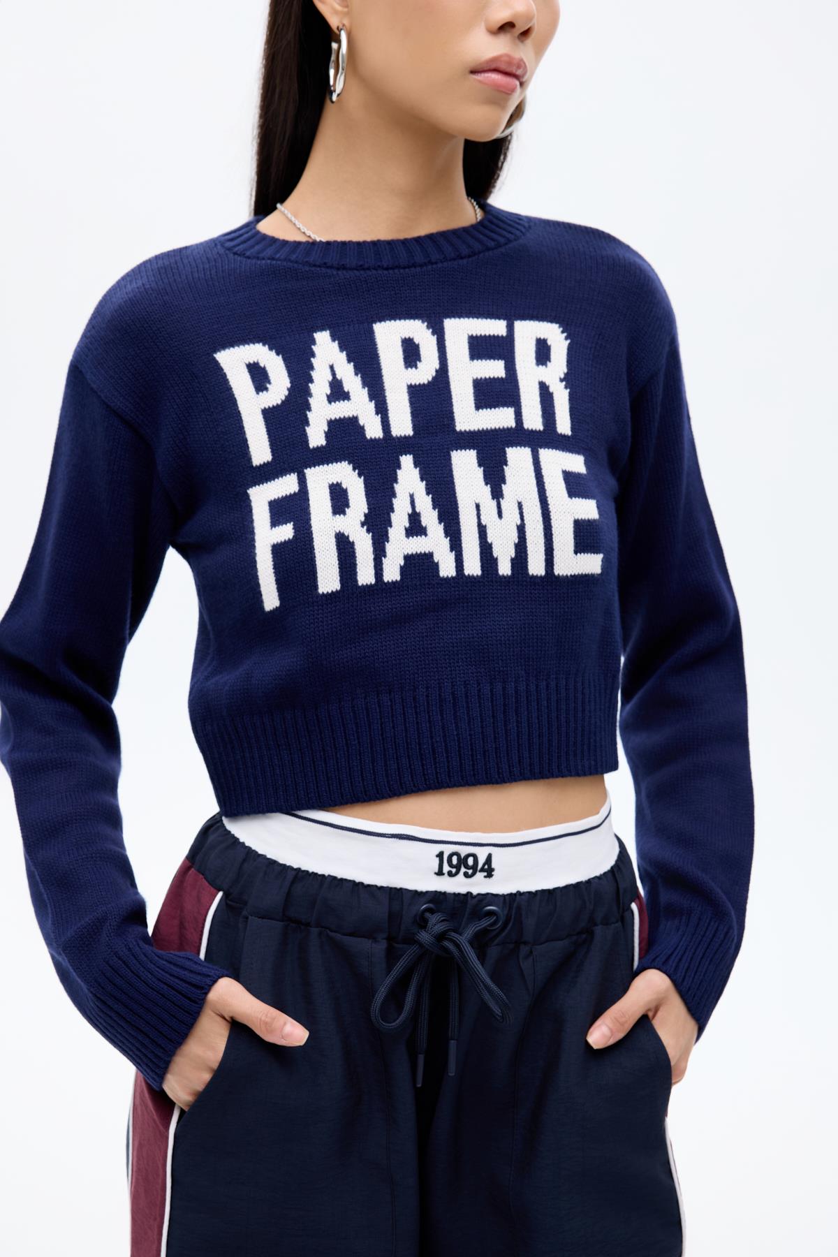 Quzu Crop Yazı Detaylı Triko Lacivert