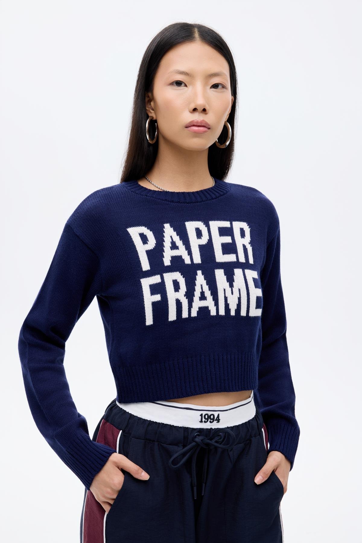 Quzu Crop Yazı Detaylı Triko Lacivert