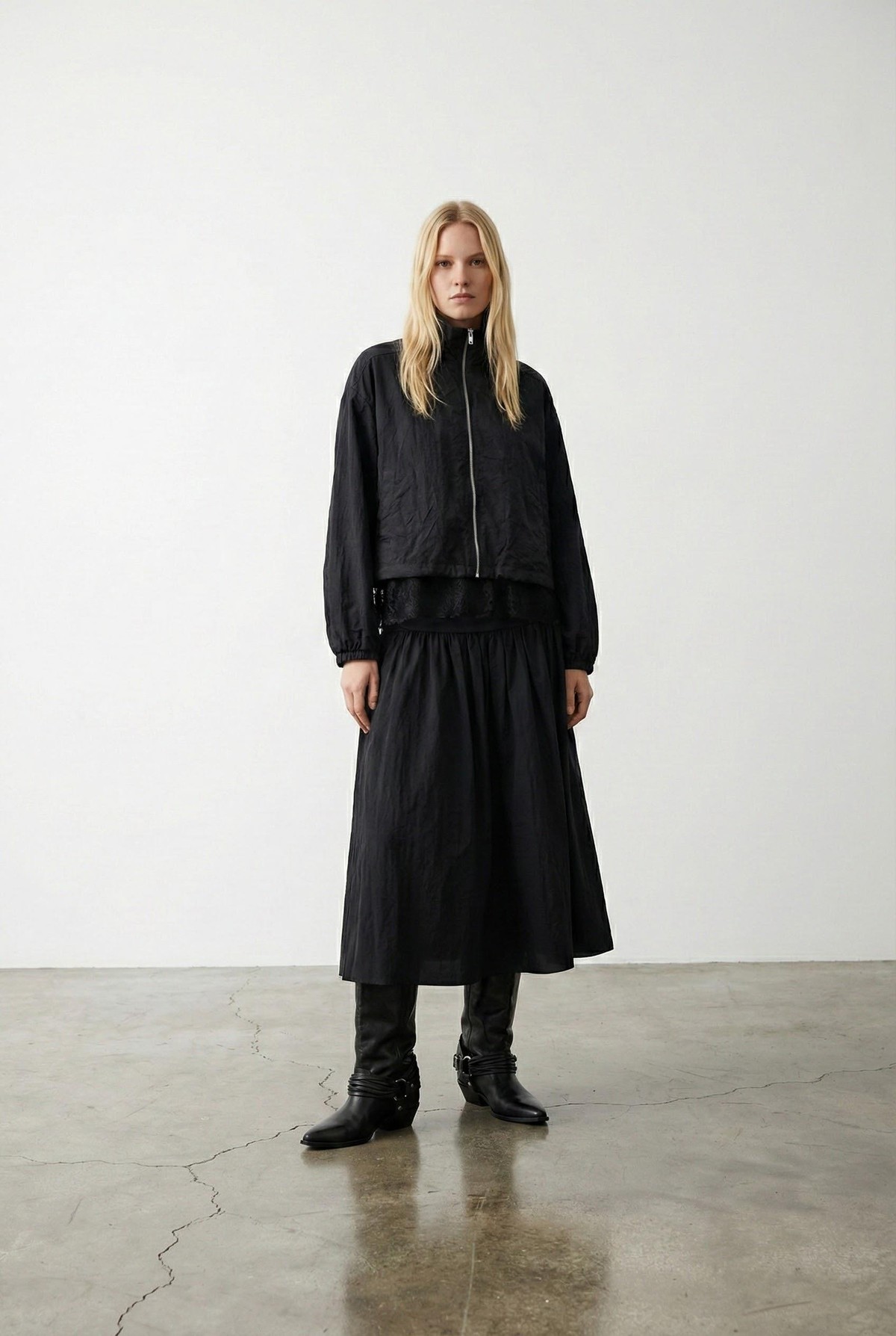 Quzu Dantel Detaylı Fermuarlı Ceket Siyah