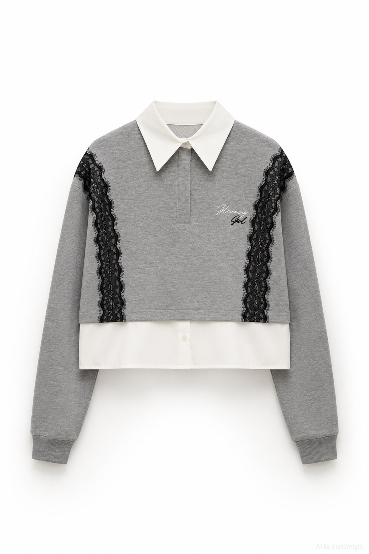 Quzu Dantel Detaylı Sweatshirt Gri Melanj