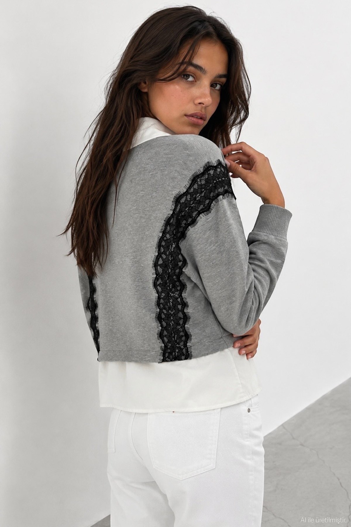 Quzu Dantel Detaylı Sweatshirt Gri Melanj