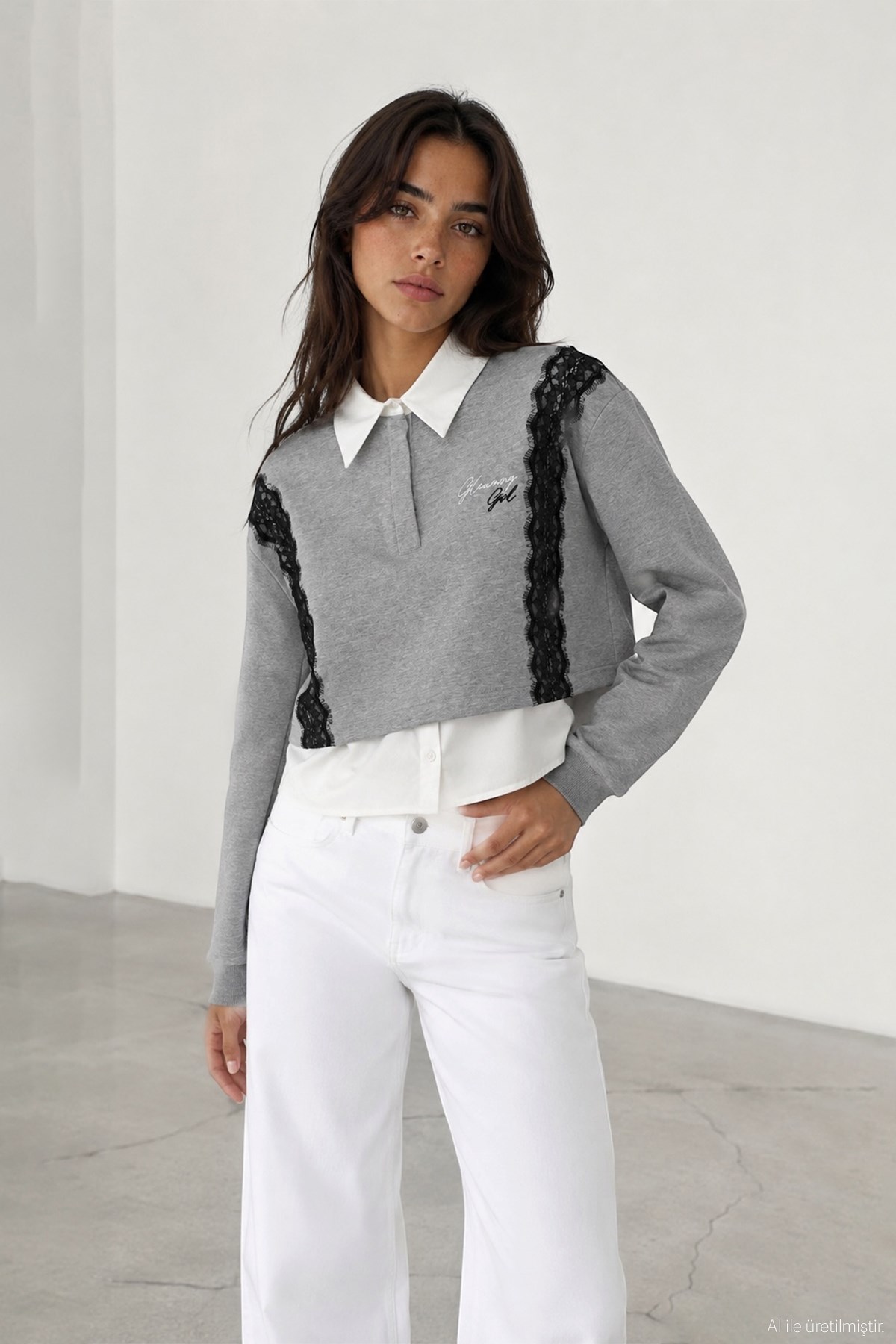 Quzu Dantel Detaylı Sweatshirt Gri Melanj