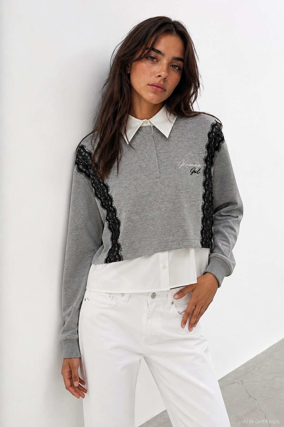 Quzu Dantel Detaylı Sweatshirt Gri Melanj