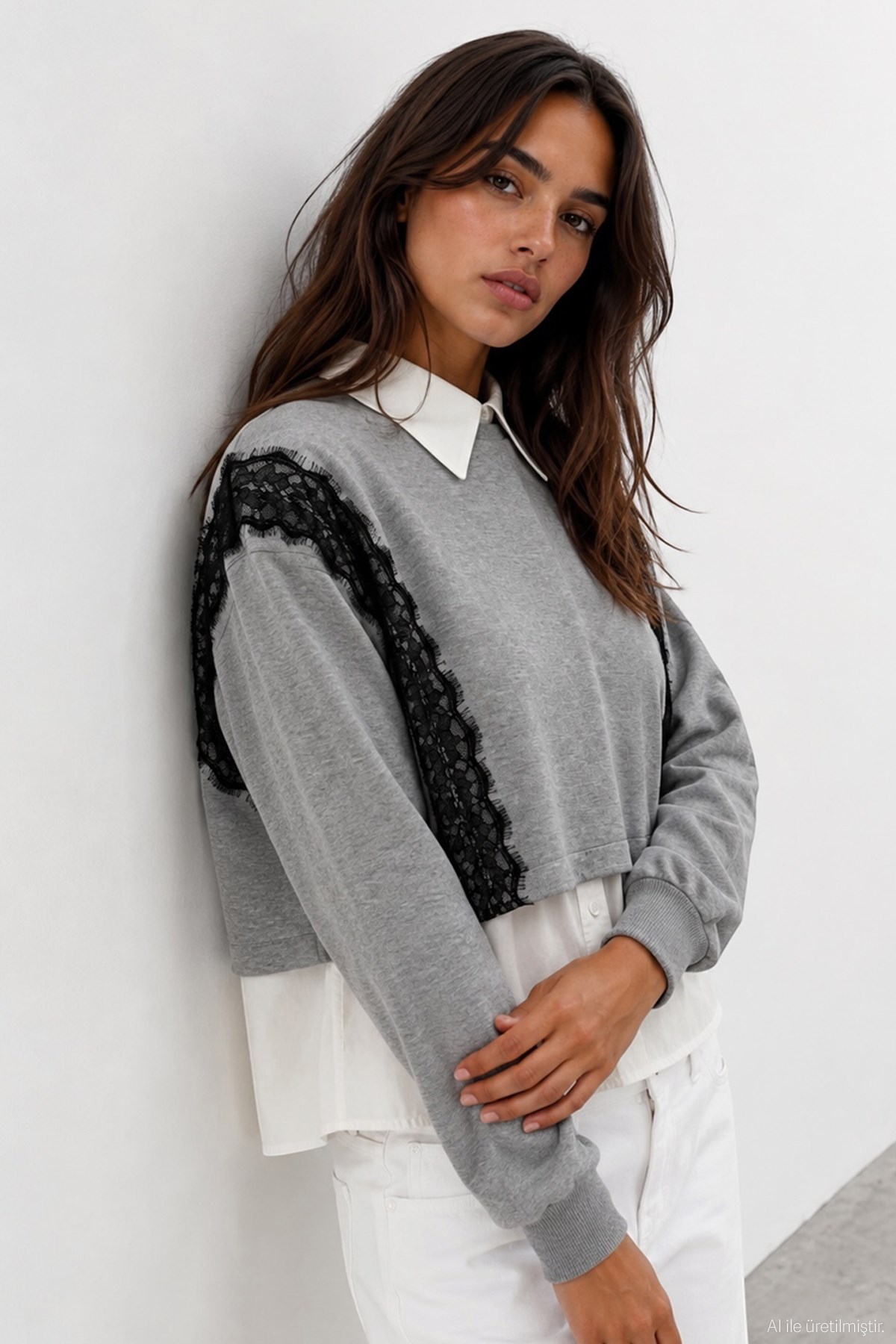 Quzu Dantel Detaylı Sweatshirt Gri Melanj