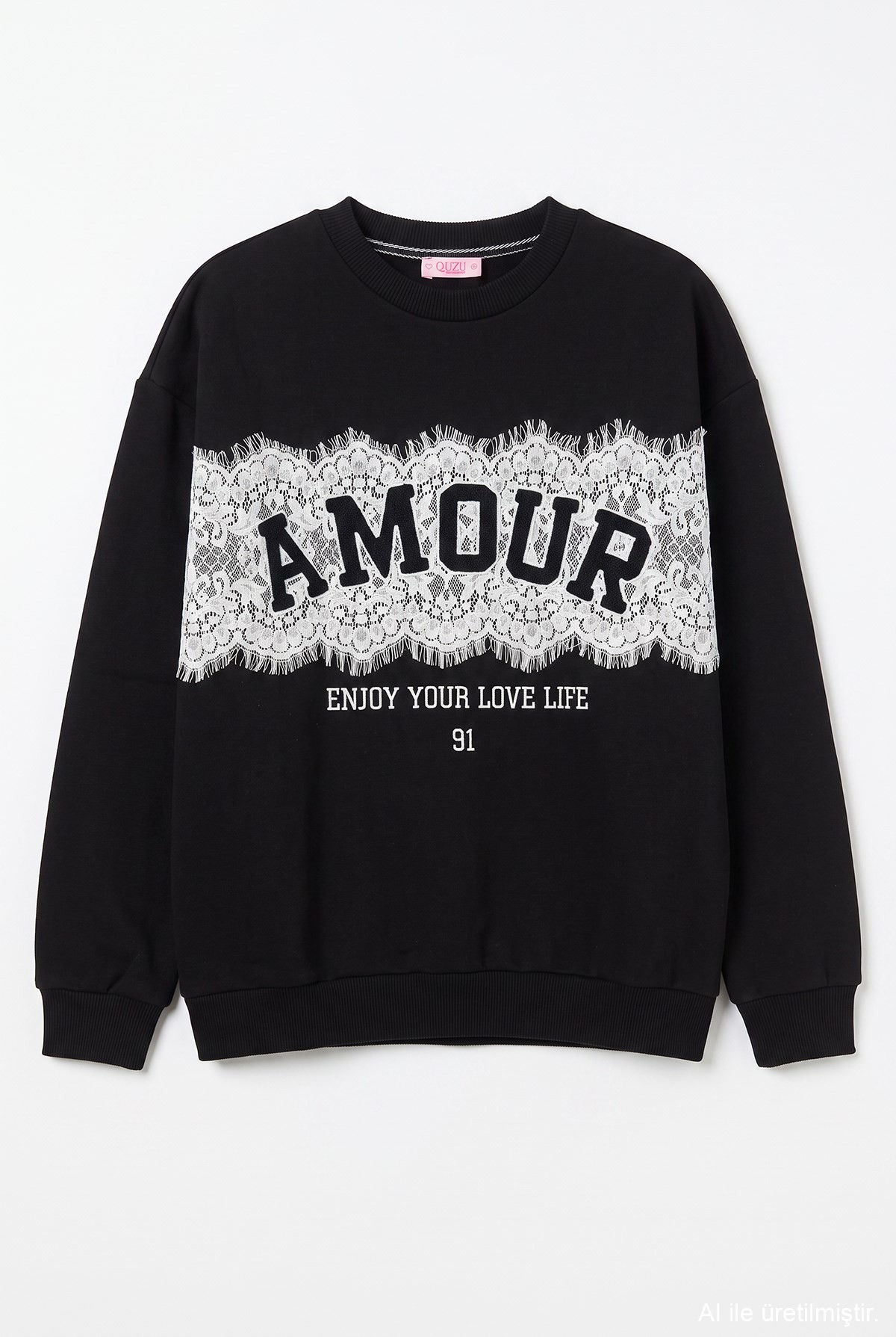 Quzu Dantel Detaylı Sweatshirt Siyah