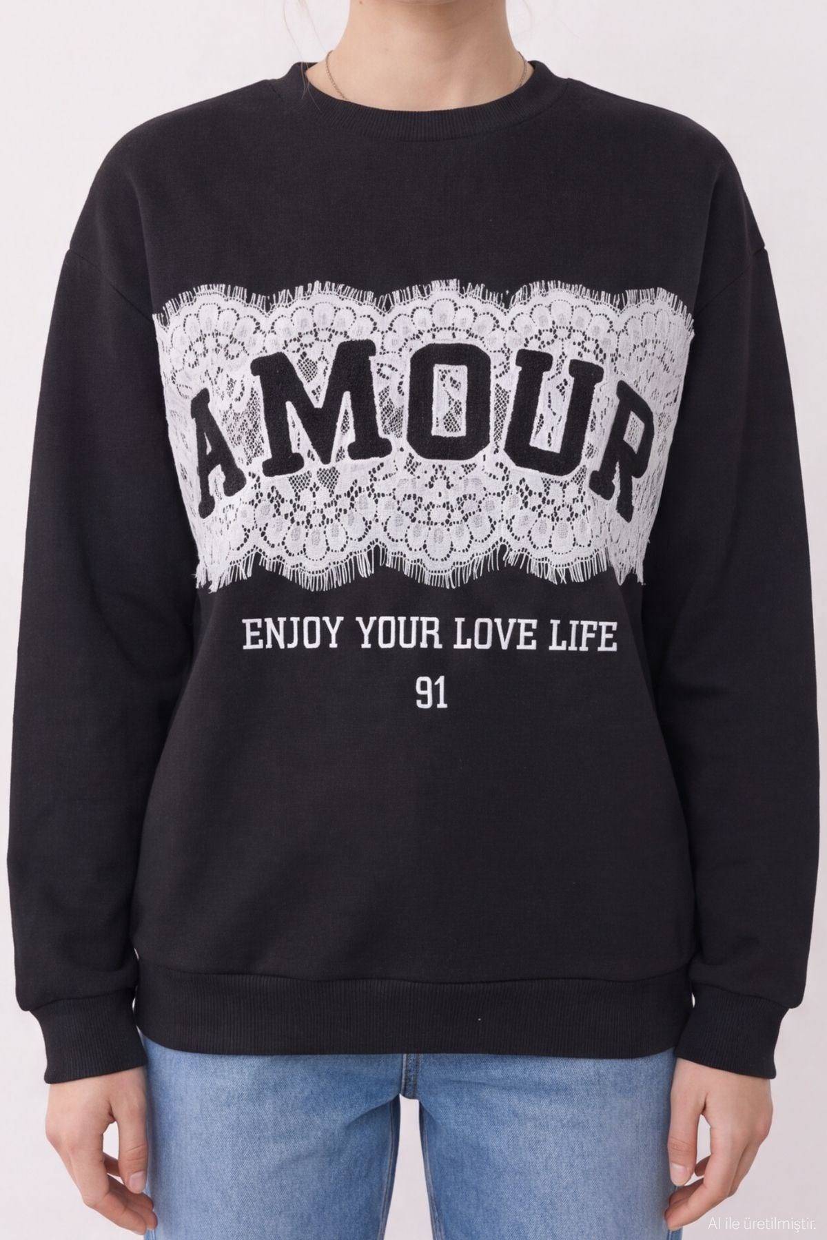 Quzu Dantel Detaylı Sweatshirt Siyah