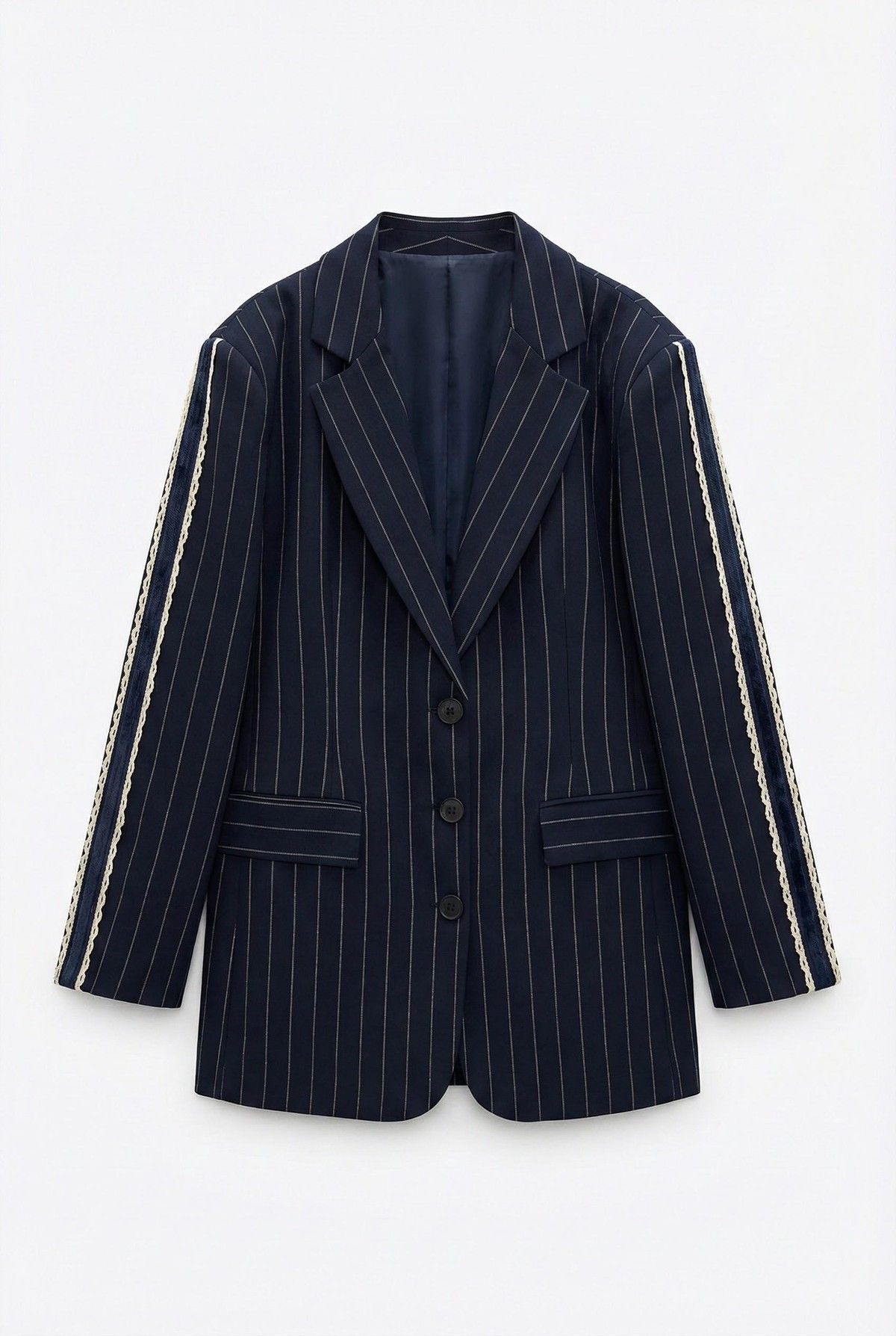 Quzu Dantel Şeritli Blazer Ceket Lacivert