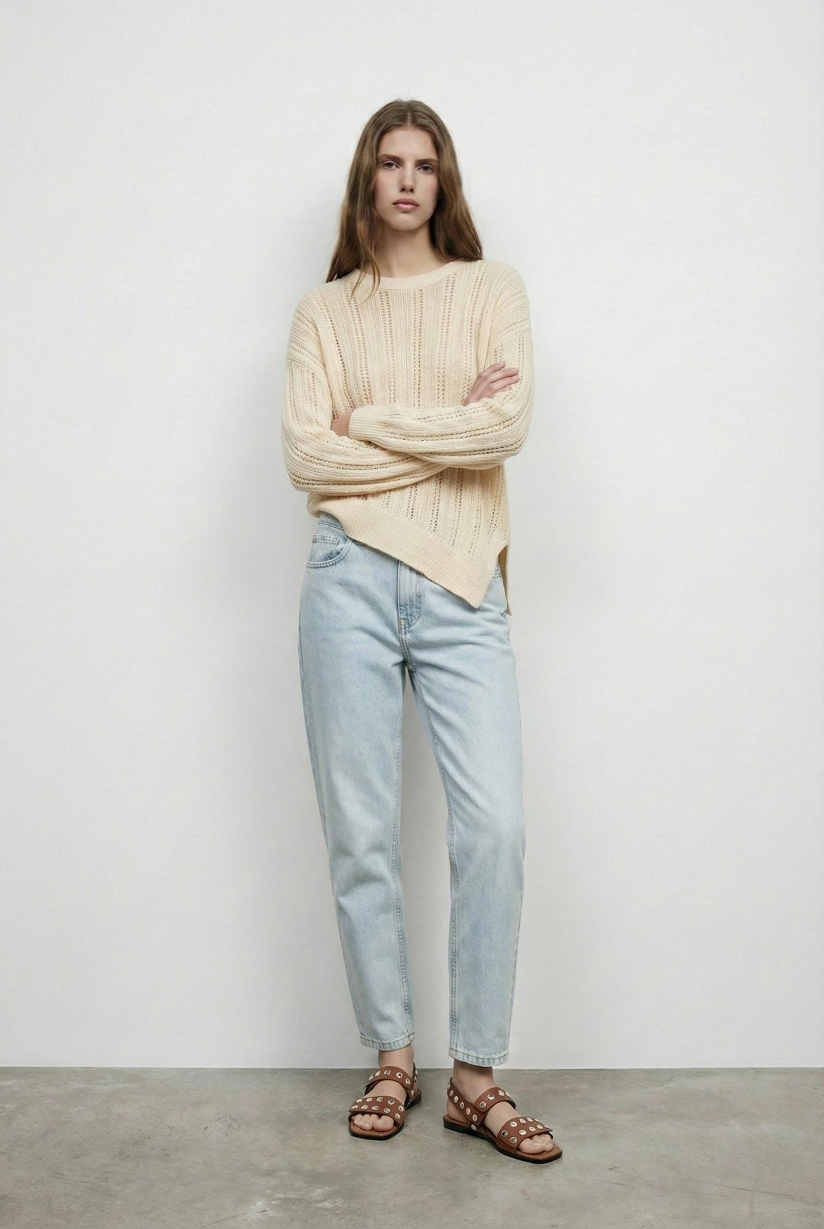 Quzu Delik Örgülü Triko Krem