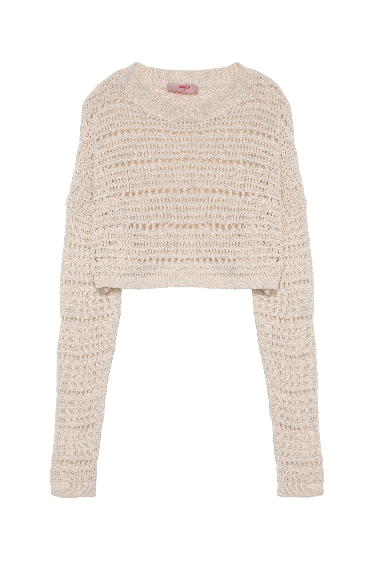 Quzu Desenli Crop Triko Ekru