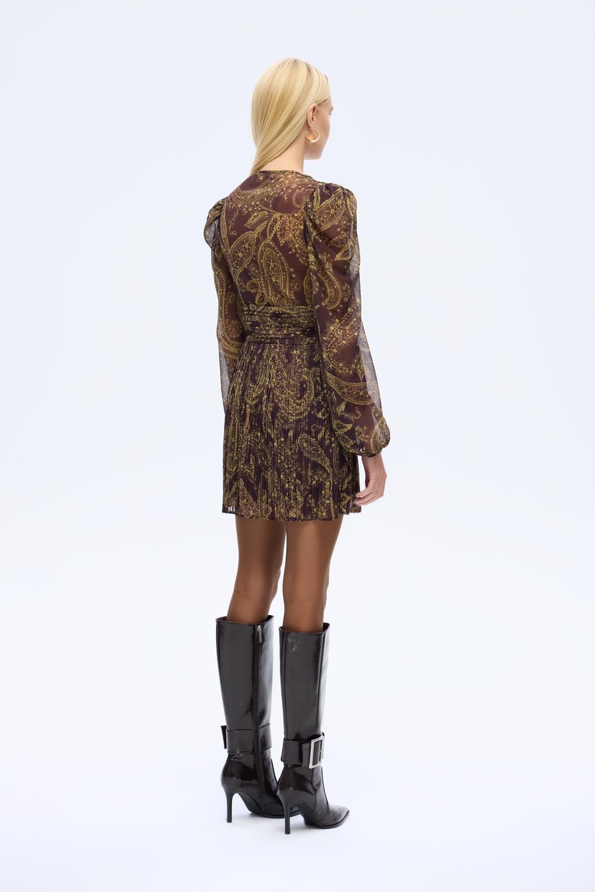 Quzu Desenli Pilise Mini Elbise Kahve