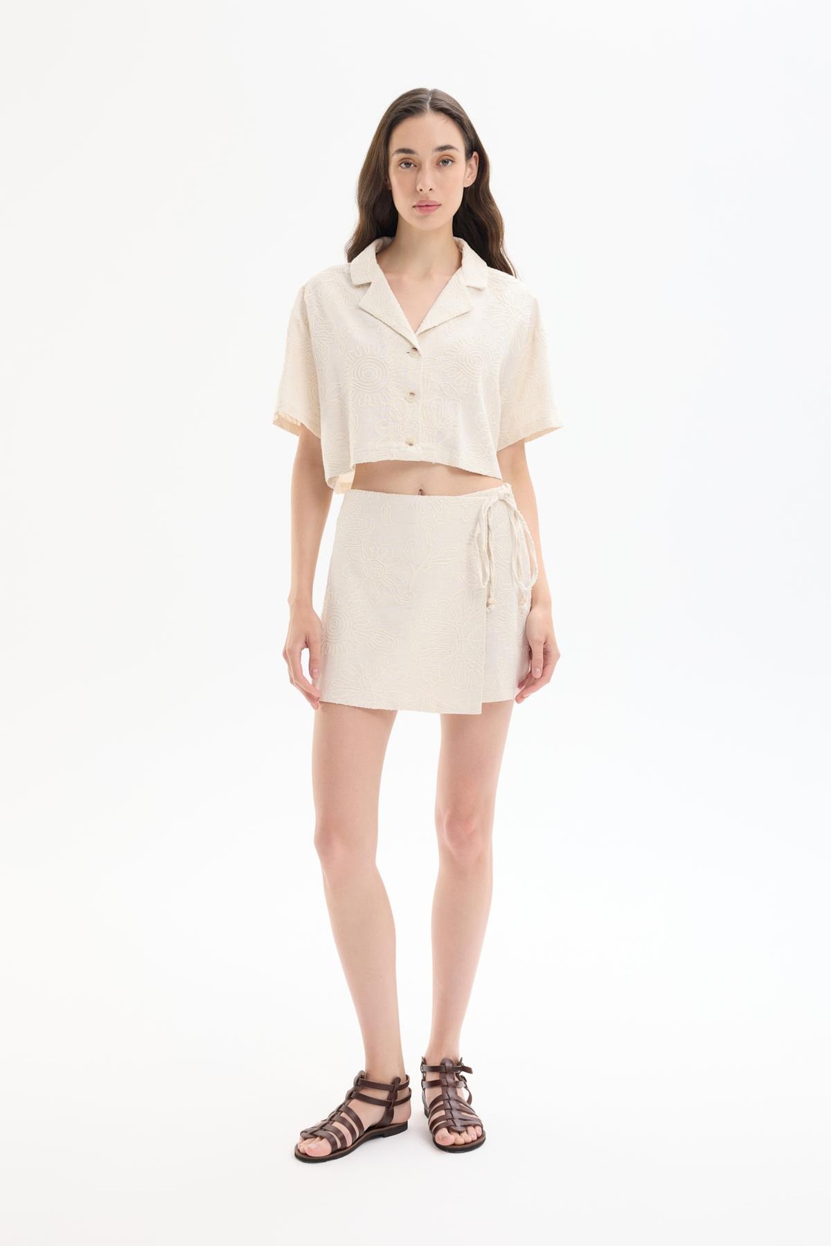 Quzu Printed Resort Collar Crop Shirt Natural