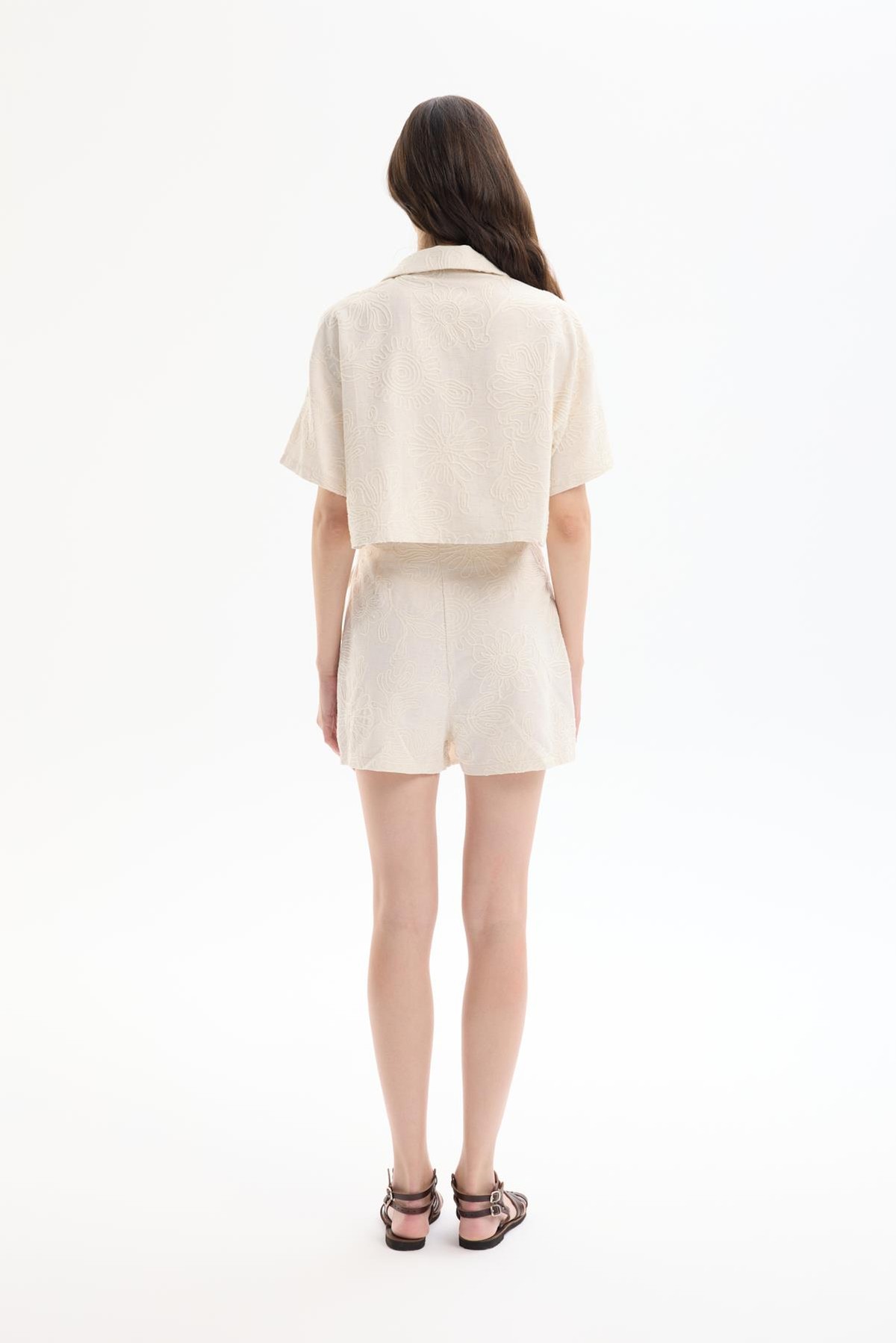 Quzu Printed Resort Collar Crop Shirt Natural
