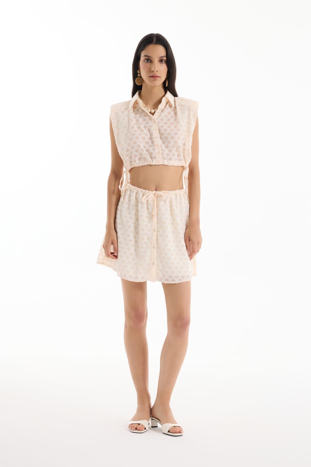 Quzu Düğme Detaylı Lastikli Etek Ekru