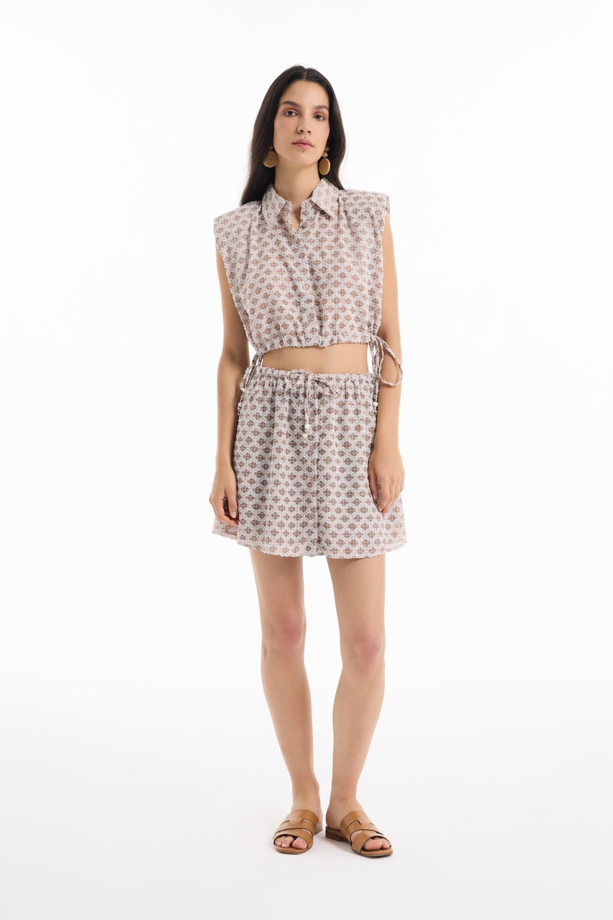 Quzu Düğme Detaylı Lastikli Etek Kahve