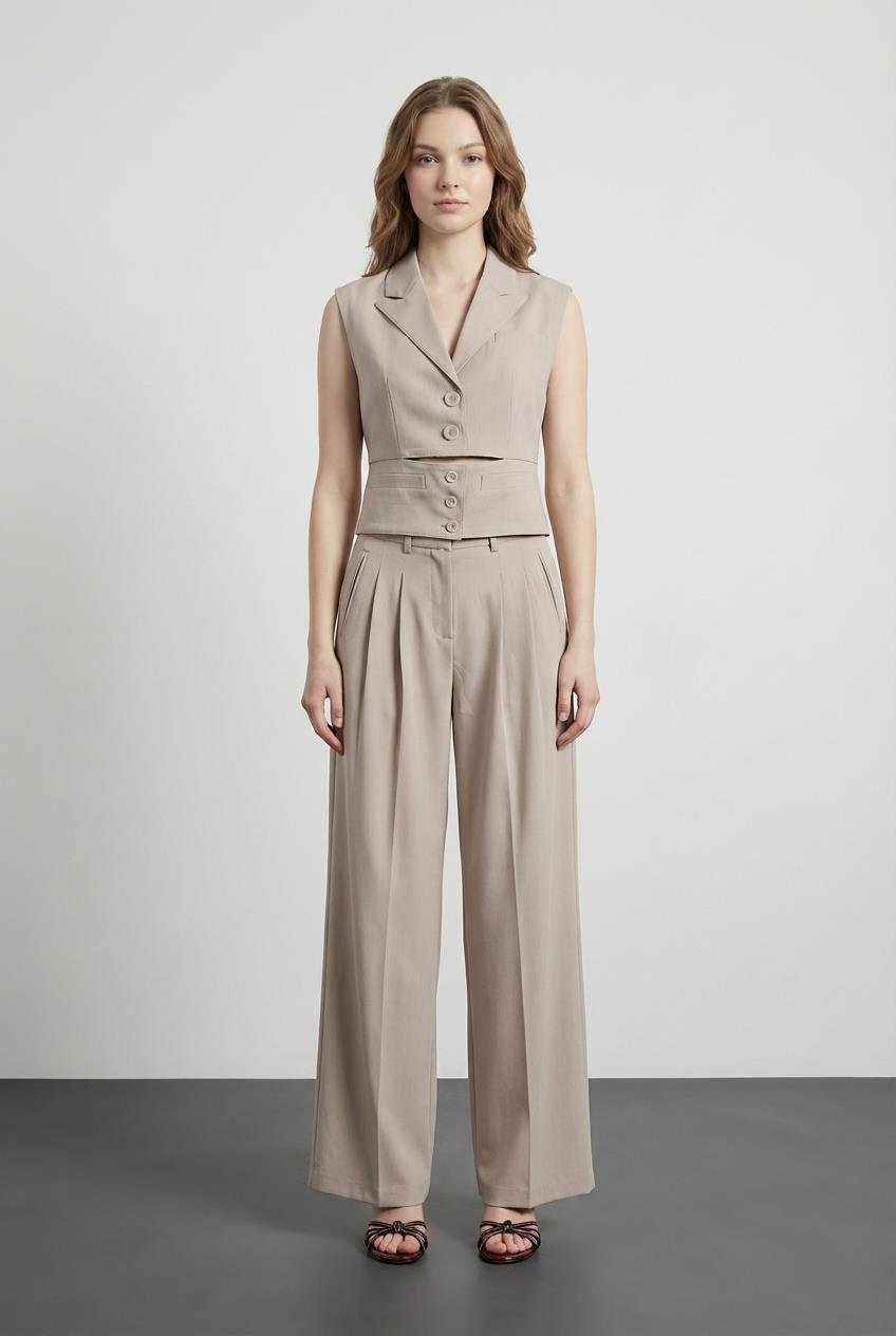 Quzu Düğme Detaylı Yelek Bej