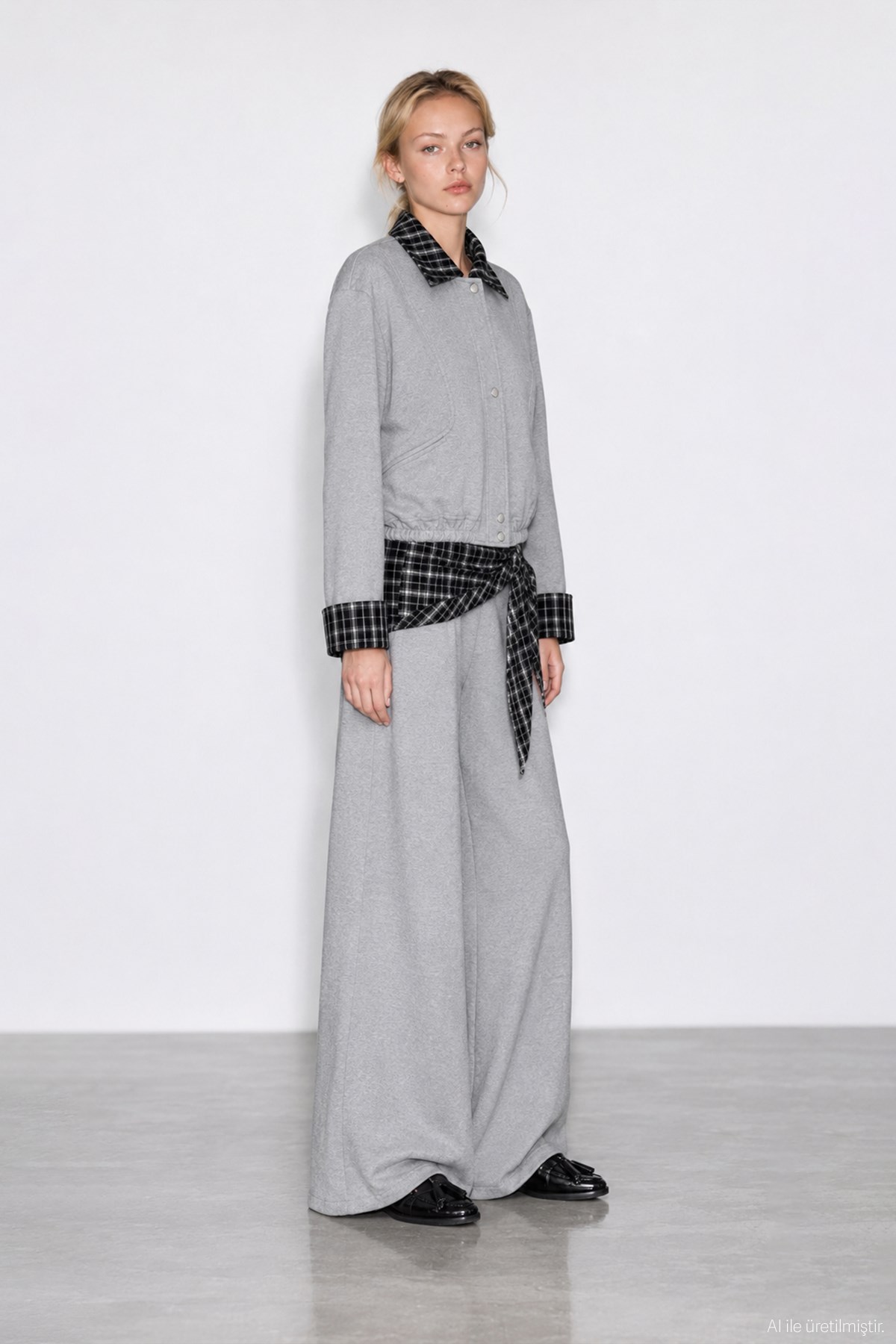 Quzu Ekose Detaylı Sweatshirt Gri Melanj