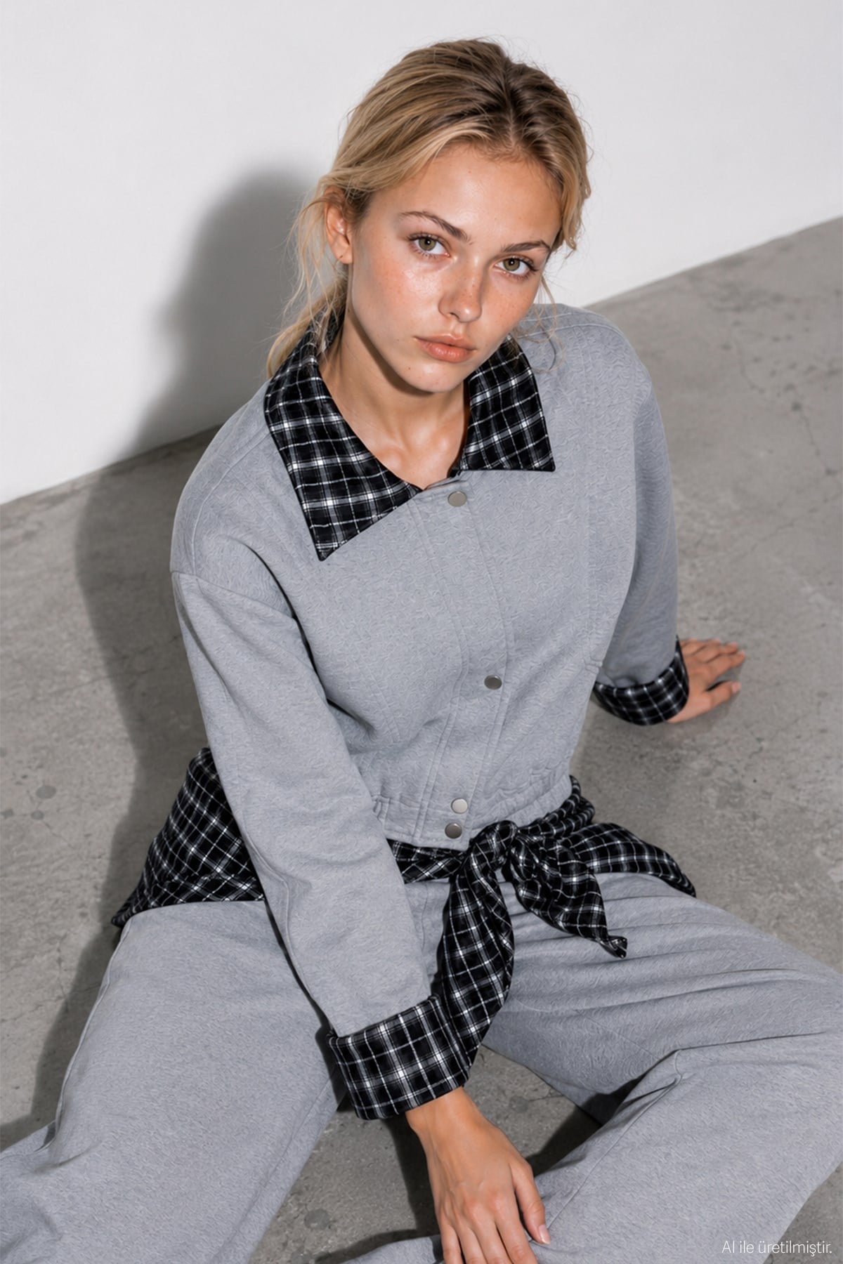 Quzu Ekose Detaylı Sweatshirt Gri Melanj