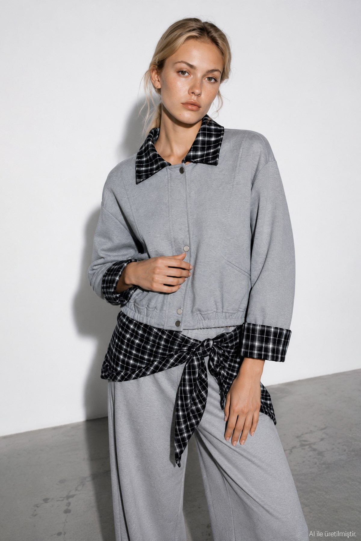 Quzu Ekose Detaylı Sweatshirt Gri Melanj